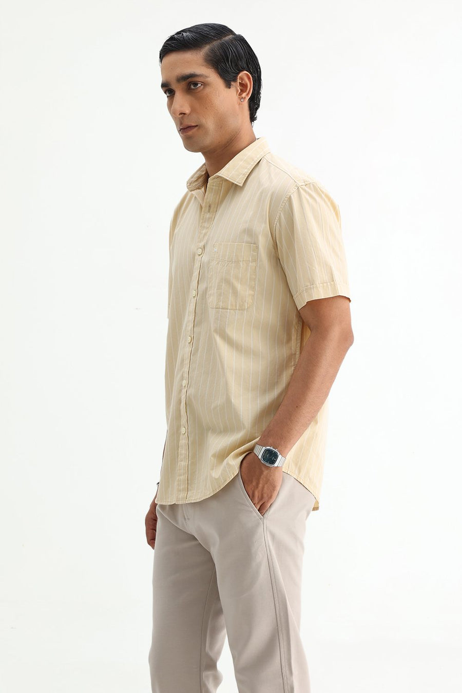 BASICS SLIM FIT BEIGE DESERT COTTON PLAIN STRIPES HALFSLEEVES SHIRT