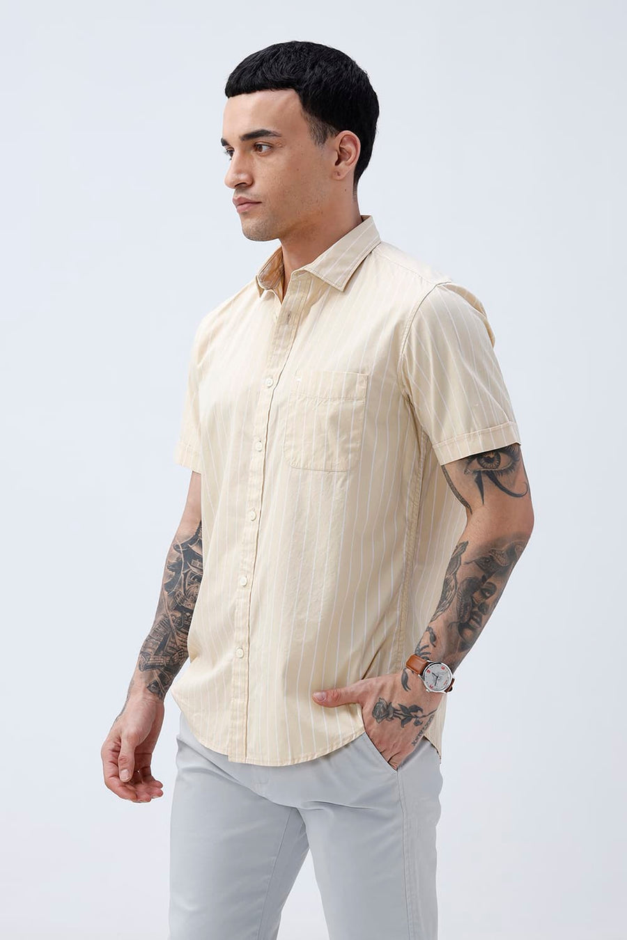 BASICS SLIM FIT BEIGE DESERT COTTON PLAIN STRIPES HALFSLEEVES SHIRT
