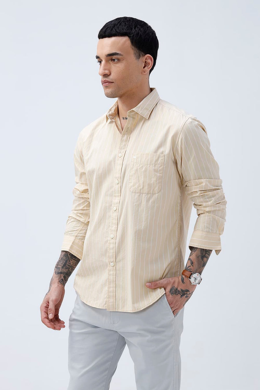 BASICS SLIM FIT BEIGE DESERT COTTON PLAIN STRIPES SHIRT