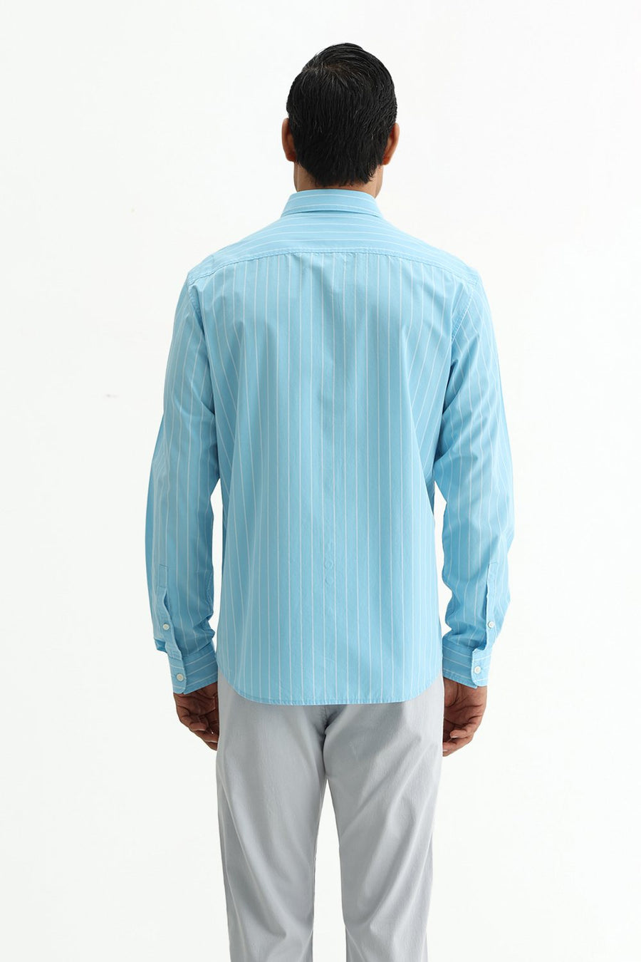BASICS SLIM FIT CRYSTAL BLUE COTTON PLAIN STRIPES SHIRT