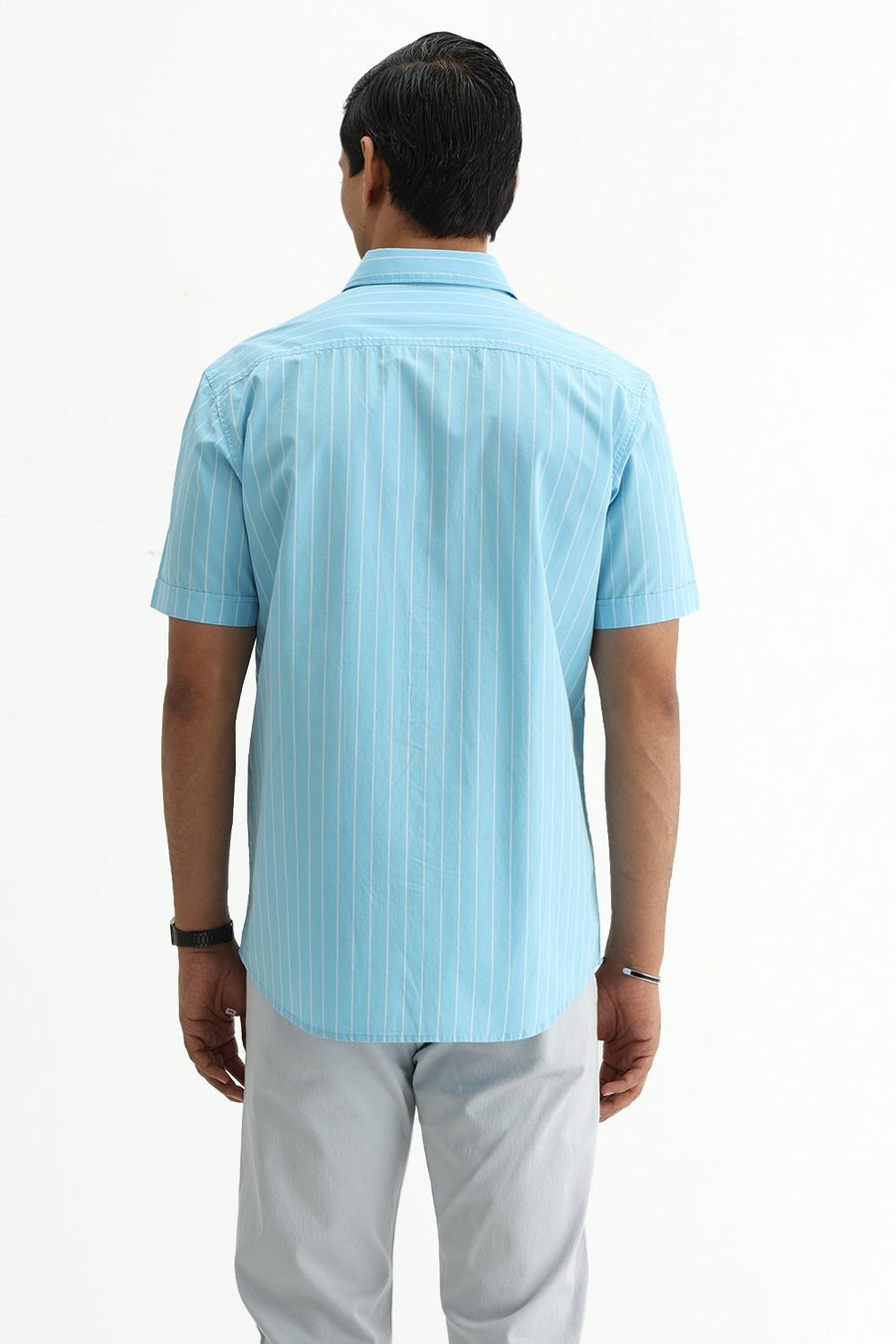 BASICS SLIM FIT CRYSTAL BLUE COTTON PLAIN STRIPES HALFSLEEVES SHIRT