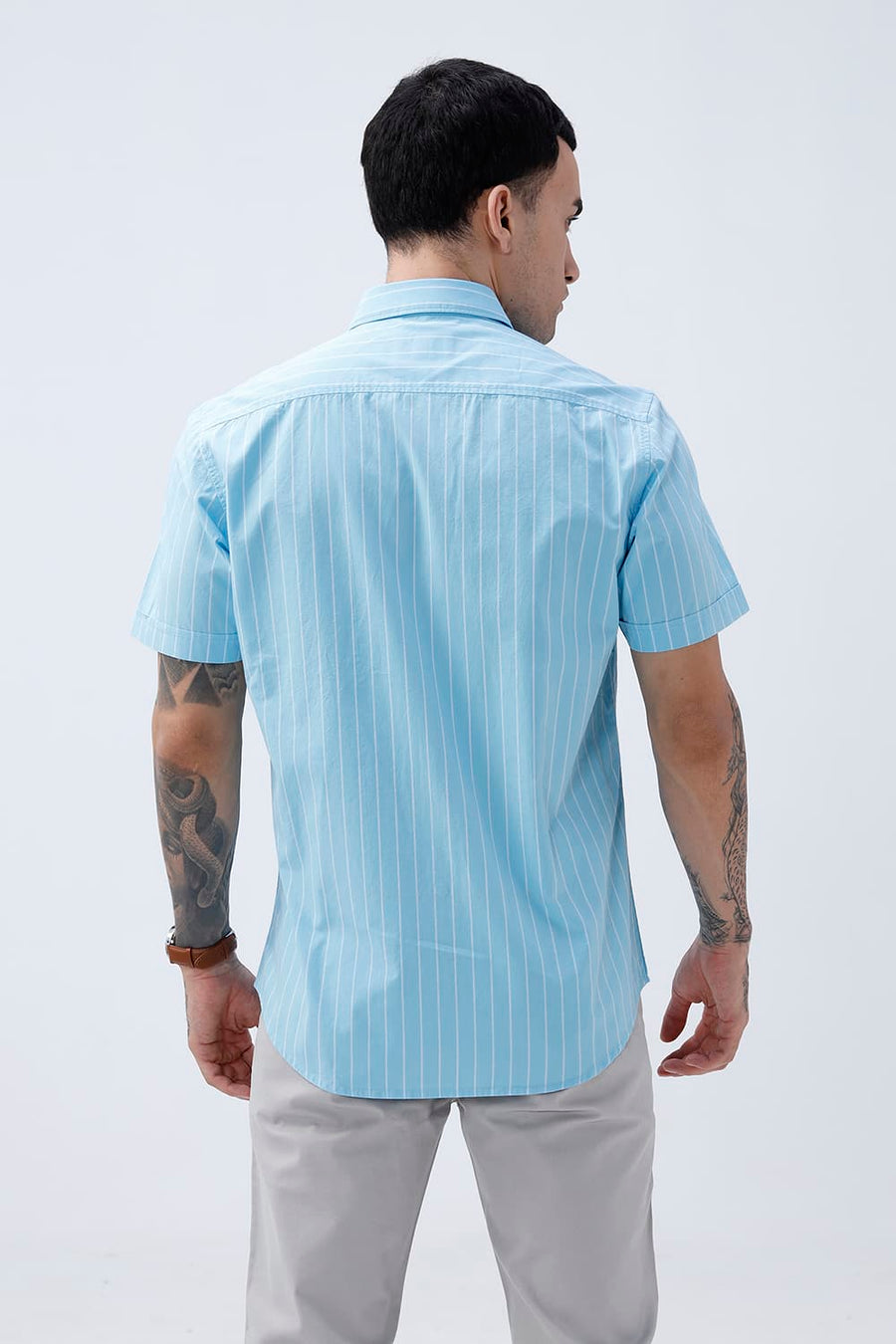 BASICS SLIM FIT CRYSTAL BLUE COTTON PLAIN STRIPES HALFSLEEVES SHIRT
