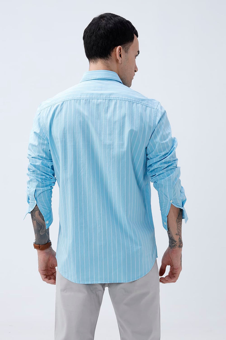 BASICS SLIM FIT CRYSTAL BLUE COTTON PLAIN STRIPES SHIRT