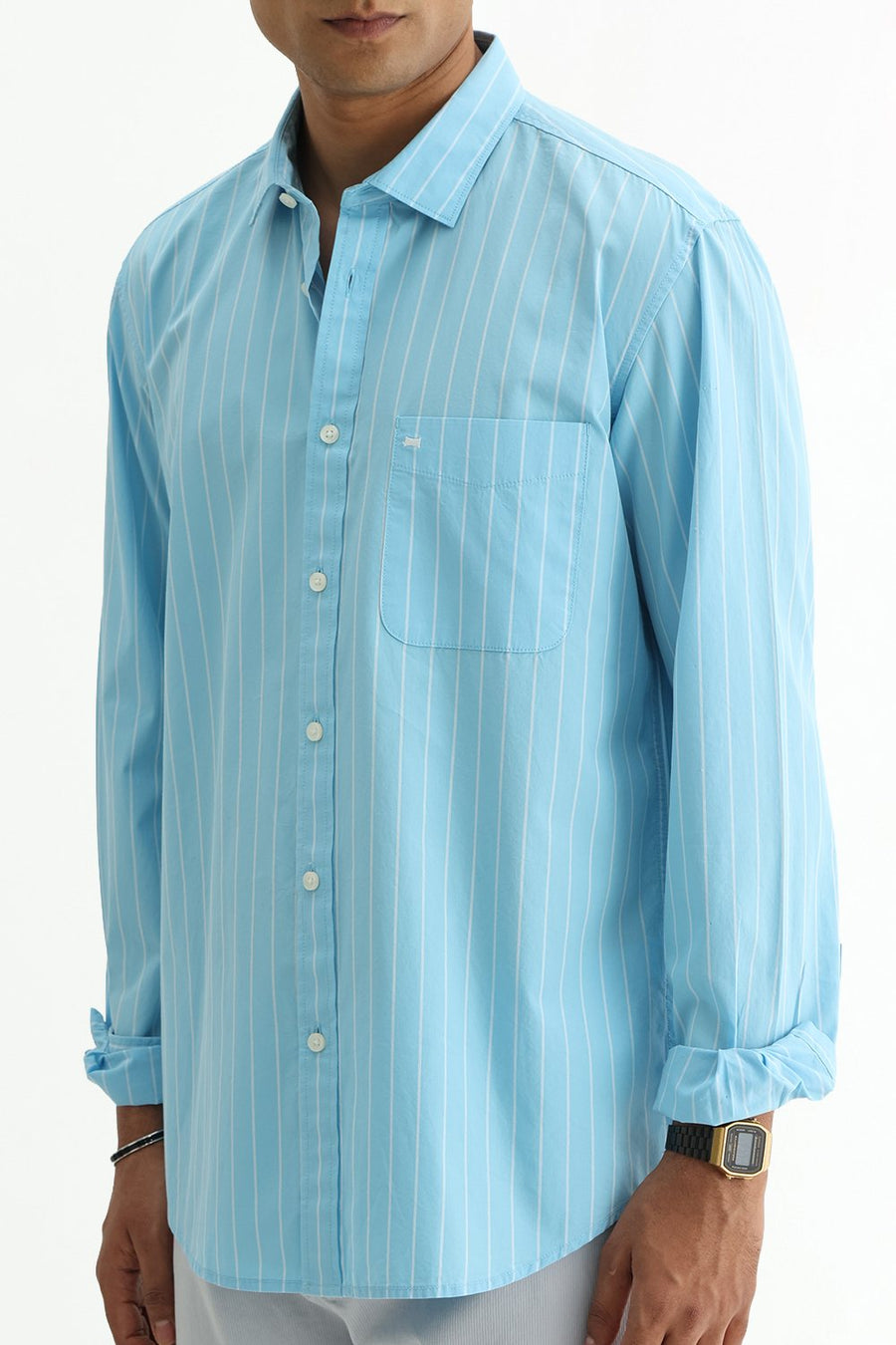 BASICS SLIM FIT CRYSTAL BLUE COTTON PLAIN STRIPES SHIRT