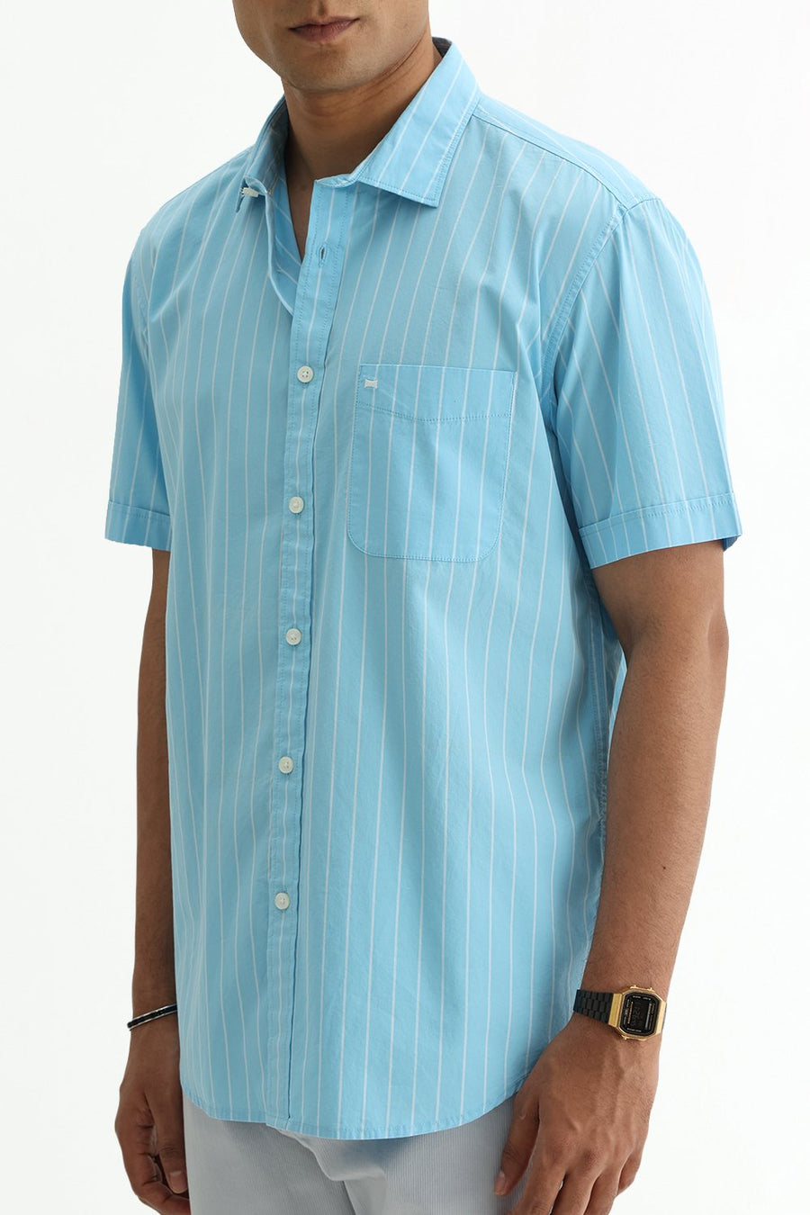 BASICS SLIM FIT CRYSTAL BLUE COTTON PLAIN STRIPES HALFSLEEVES SHIRT