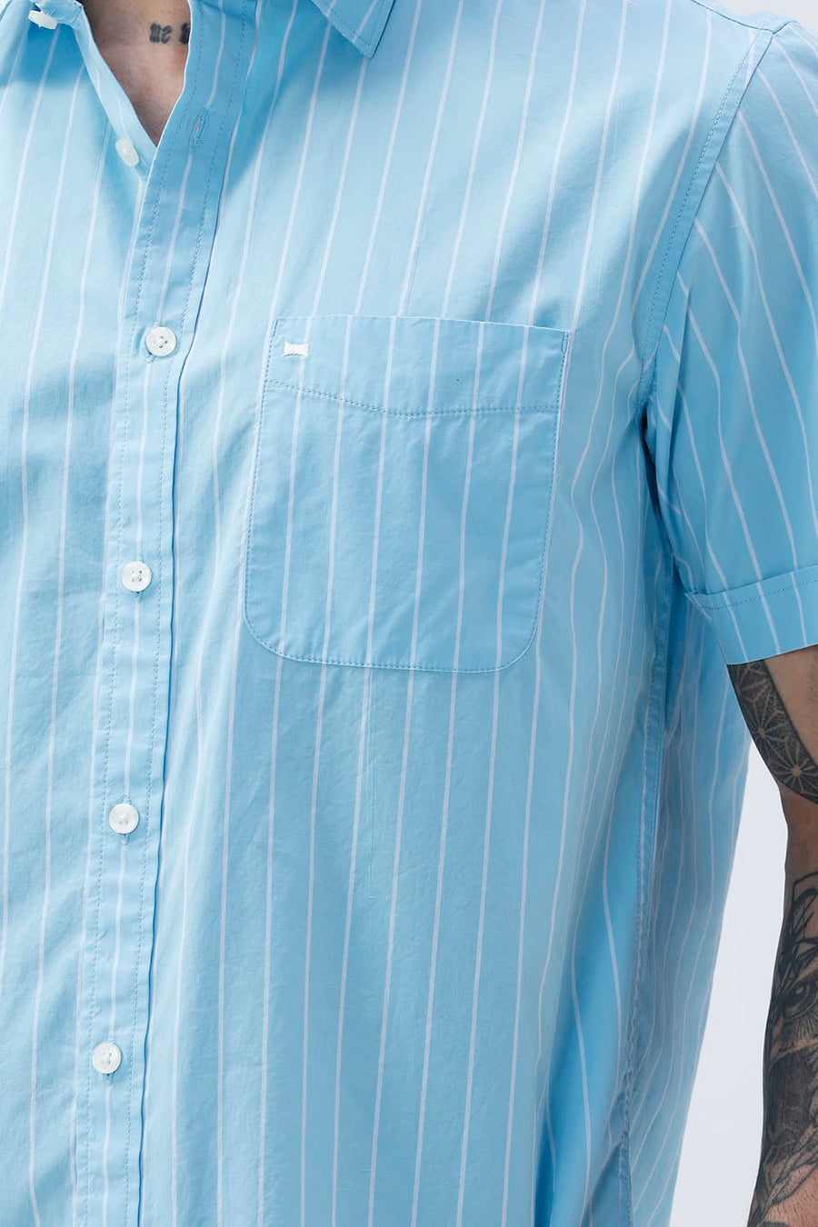 BASICS SLIM FIT CRYSTAL BLUE COTTON PLAIN STRIPES HALFSLEEVES SHIRT