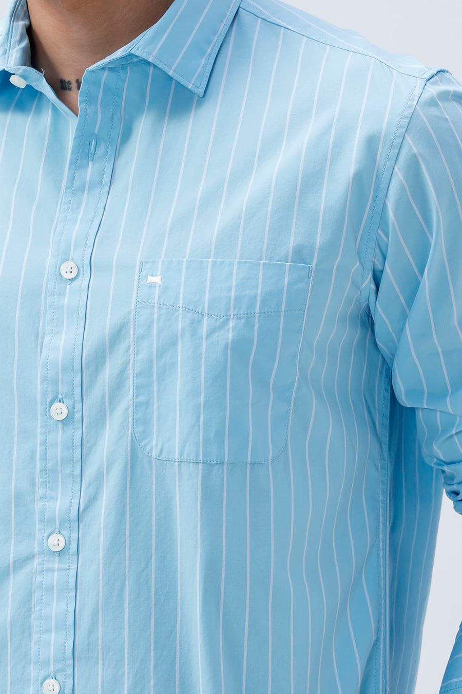 BASICS SLIM FIT CRYSTAL BLUE COTTON PLAIN STRIPES SHIRT