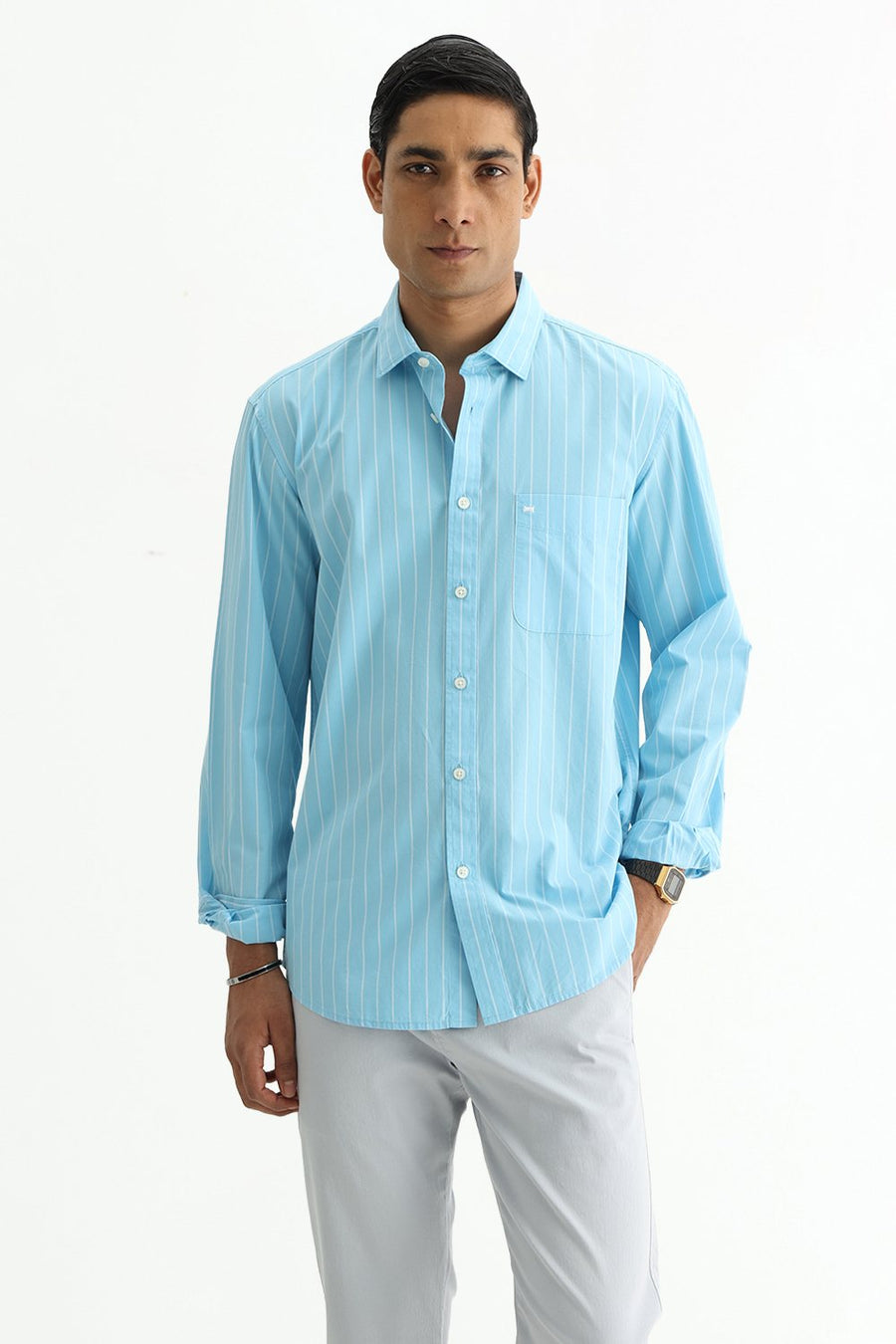 BASICS SLIM FIT CRYSTAL BLUE COTTON PLAIN STRIPES SHIRT