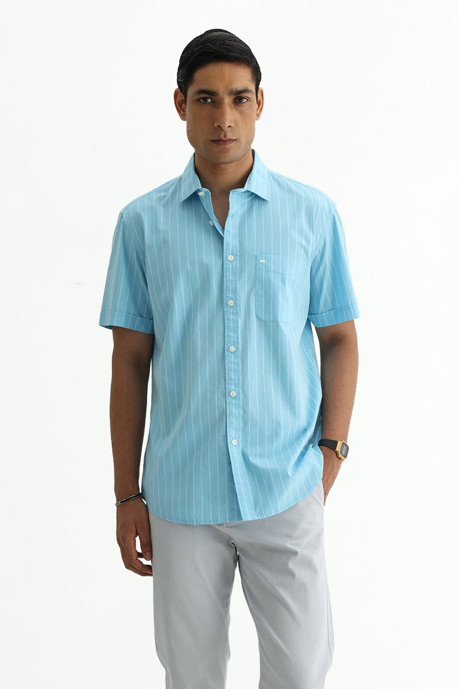 BASICS SLIM FIT CRYSTAL BLUE COTTON PLAIN STRIPES HALFSLEEVES SHIRT