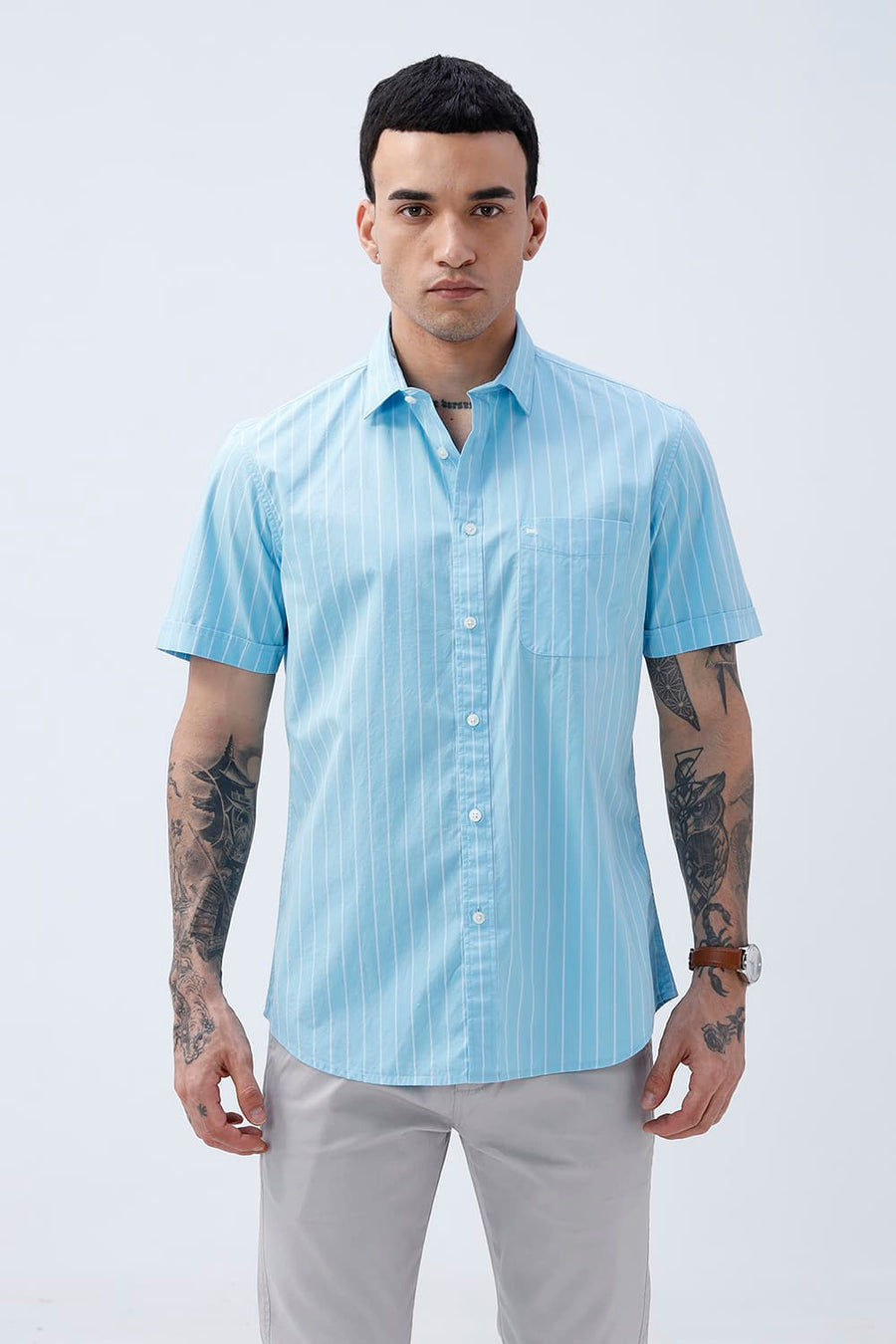 BASICS SLIM FIT CRYSTAL BLUE COTTON PLAIN STRIPES HALFSLEEVES SHIRT