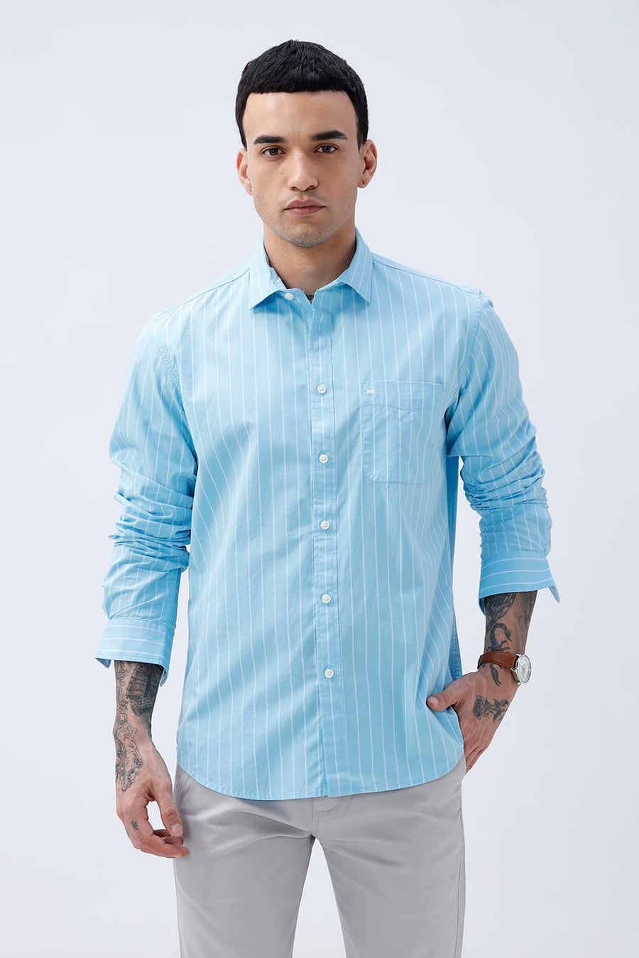 BASICS SLIM FIT CRYSTAL BLUE COTTON PLAIN STRIPES SHIRT