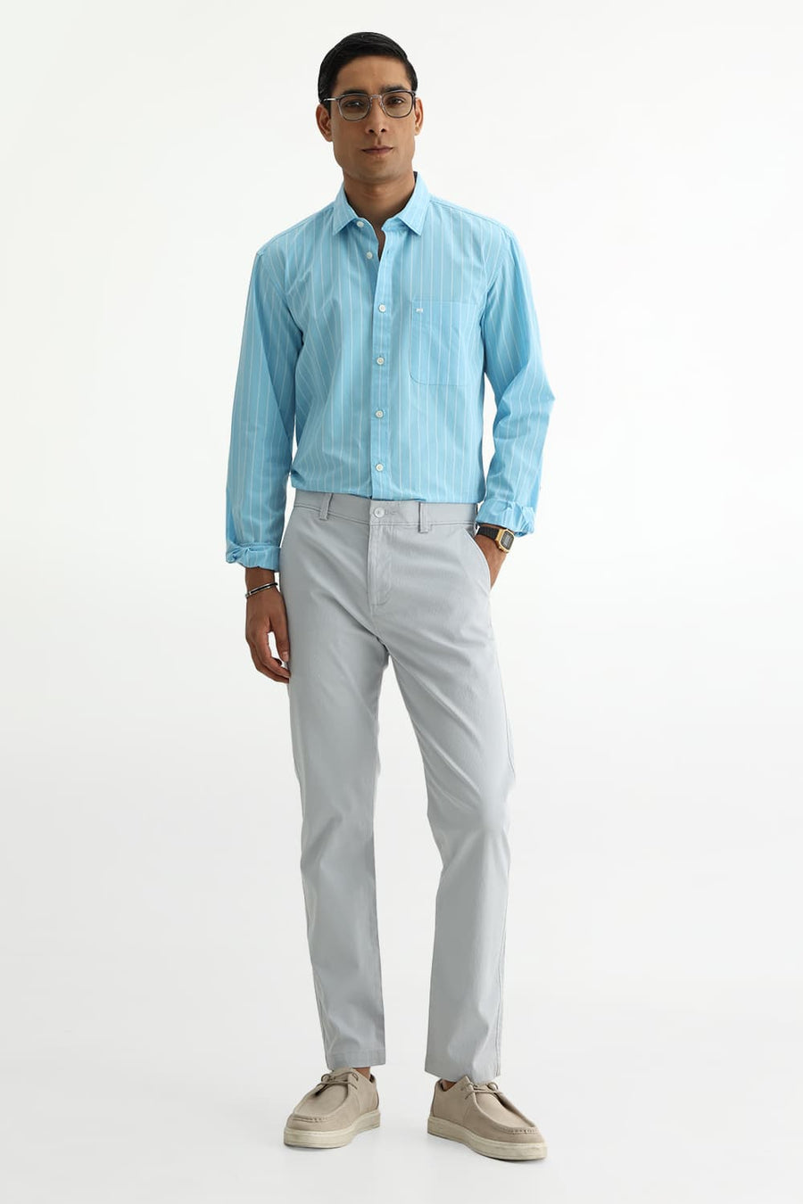 BASICS SLIM FIT CRYSTAL BLUE COTTON PLAIN STRIPES SHIRT
