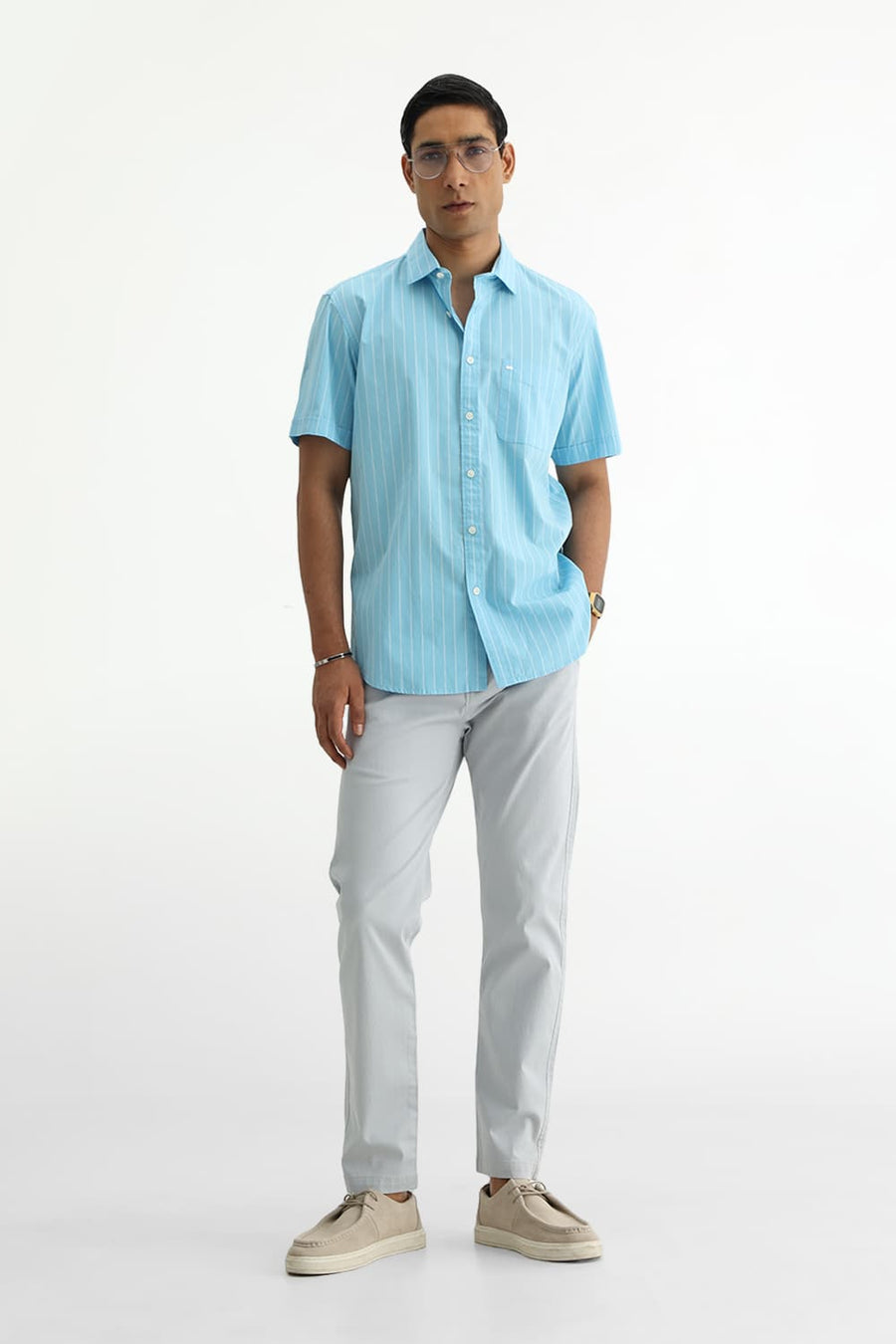 BASICS SLIM FIT CRYSTAL BLUE COTTON PLAIN STRIPES HALFSLEEVES SHIRT