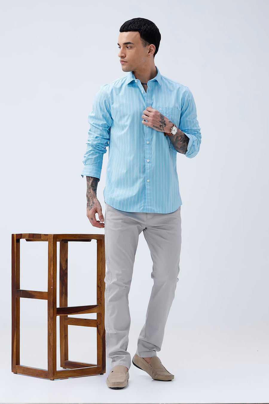 BASICS SLIM FIT CRYSTAL BLUE COTTON PLAIN STRIPES SHIRT