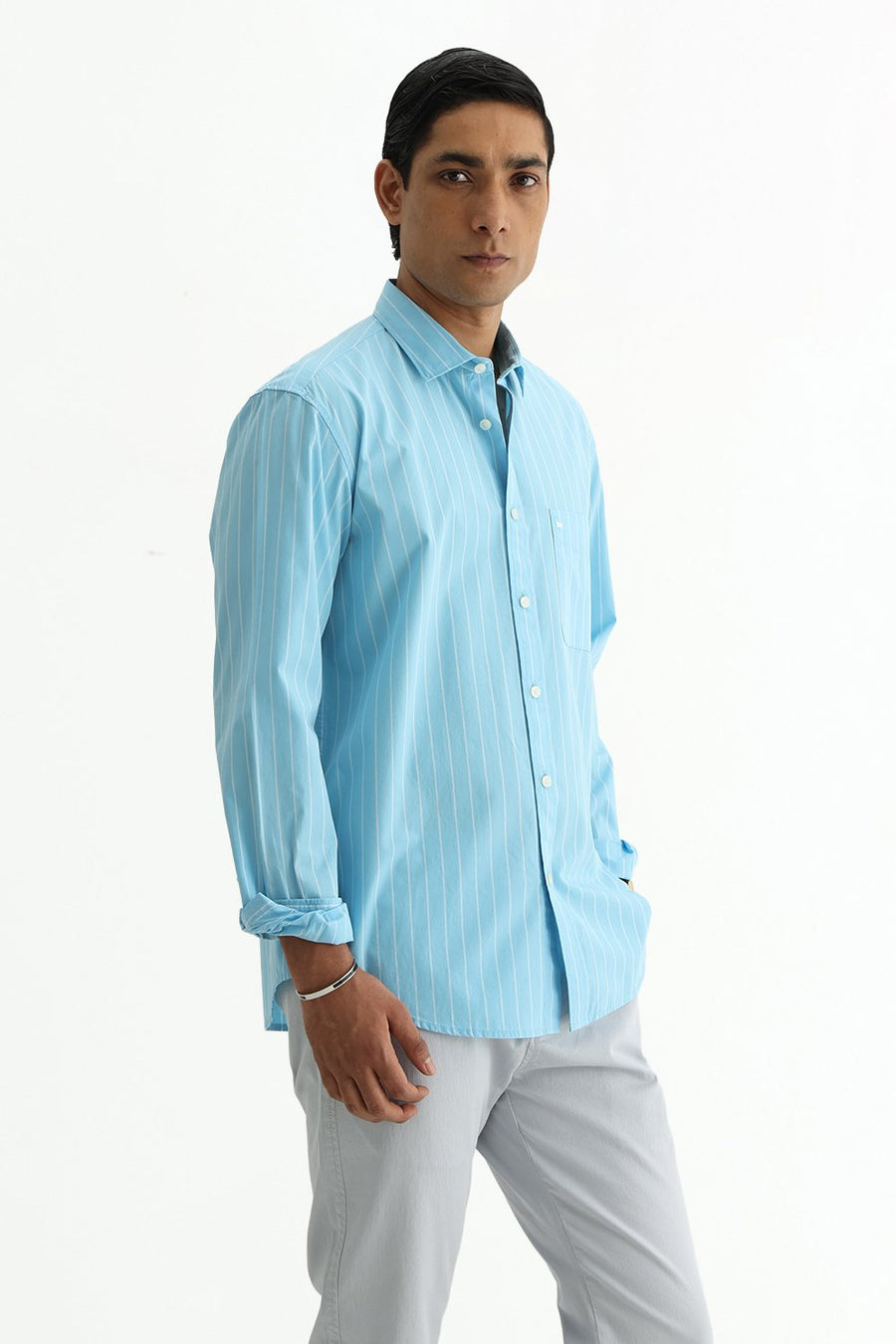 BASICS SLIM FIT CRYSTAL BLUE COTTON PLAIN STRIPES SHIRT