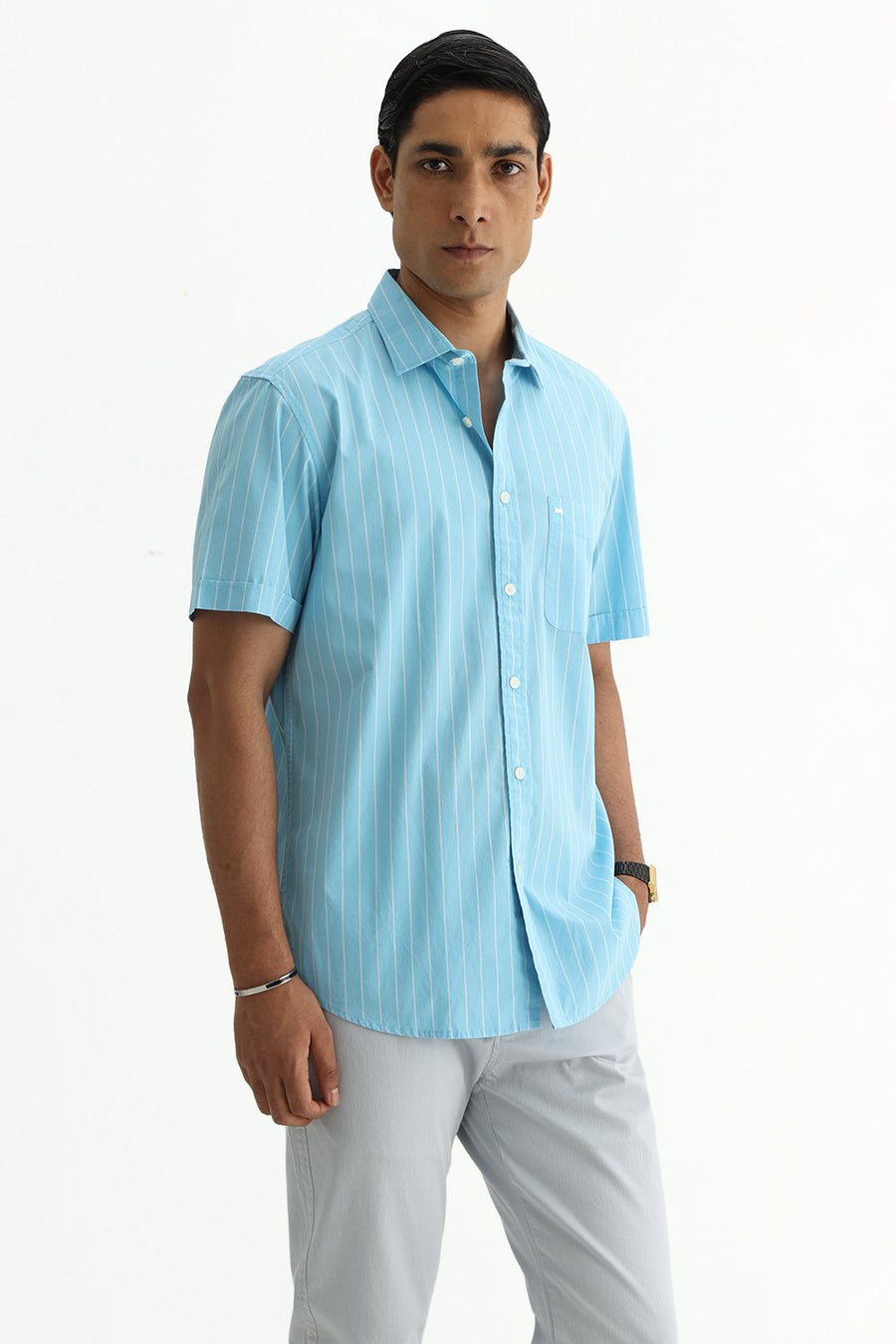 BASICS SLIM FIT CRYSTAL BLUE COTTON PLAIN STRIPES HALFSLEEVES SHIRT