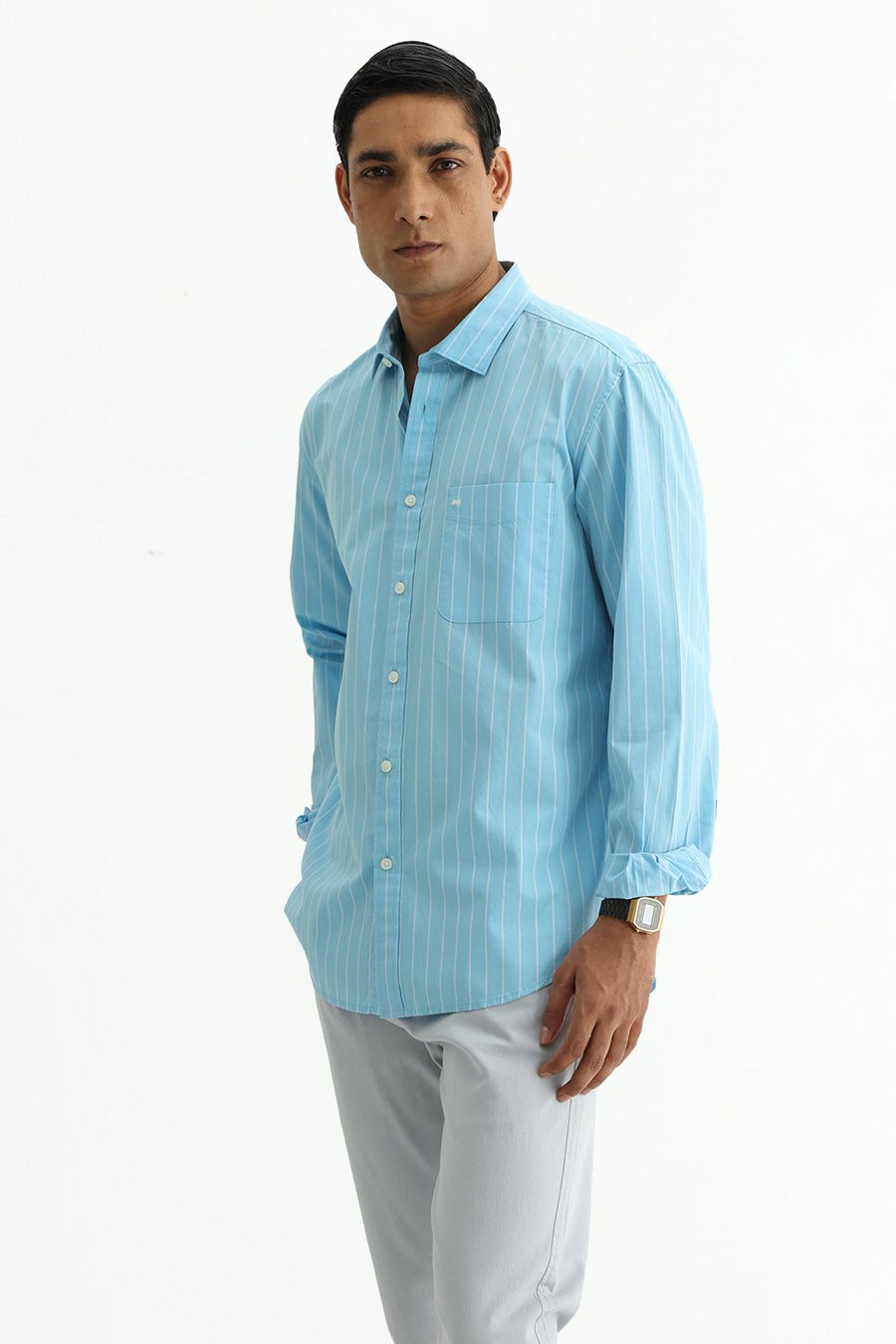 BASICS SLIM FIT CRYSTAL BLUE COTTON PLAIN STRIPES SHIRT