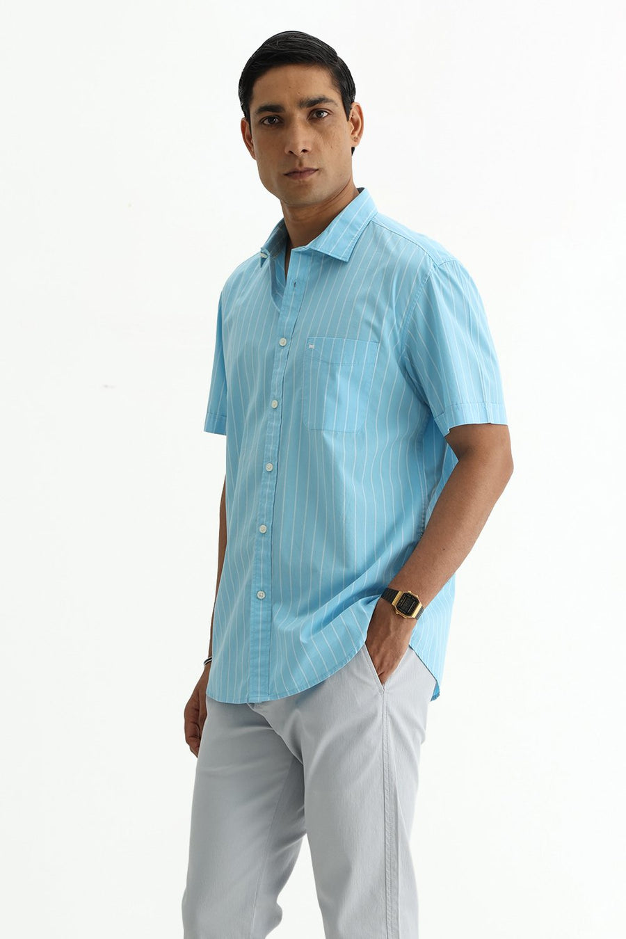BASICS SLIM FIT CRYSTAL BLUE COTTON PLAIN STRIPES HALFSLEEVES SHIRT