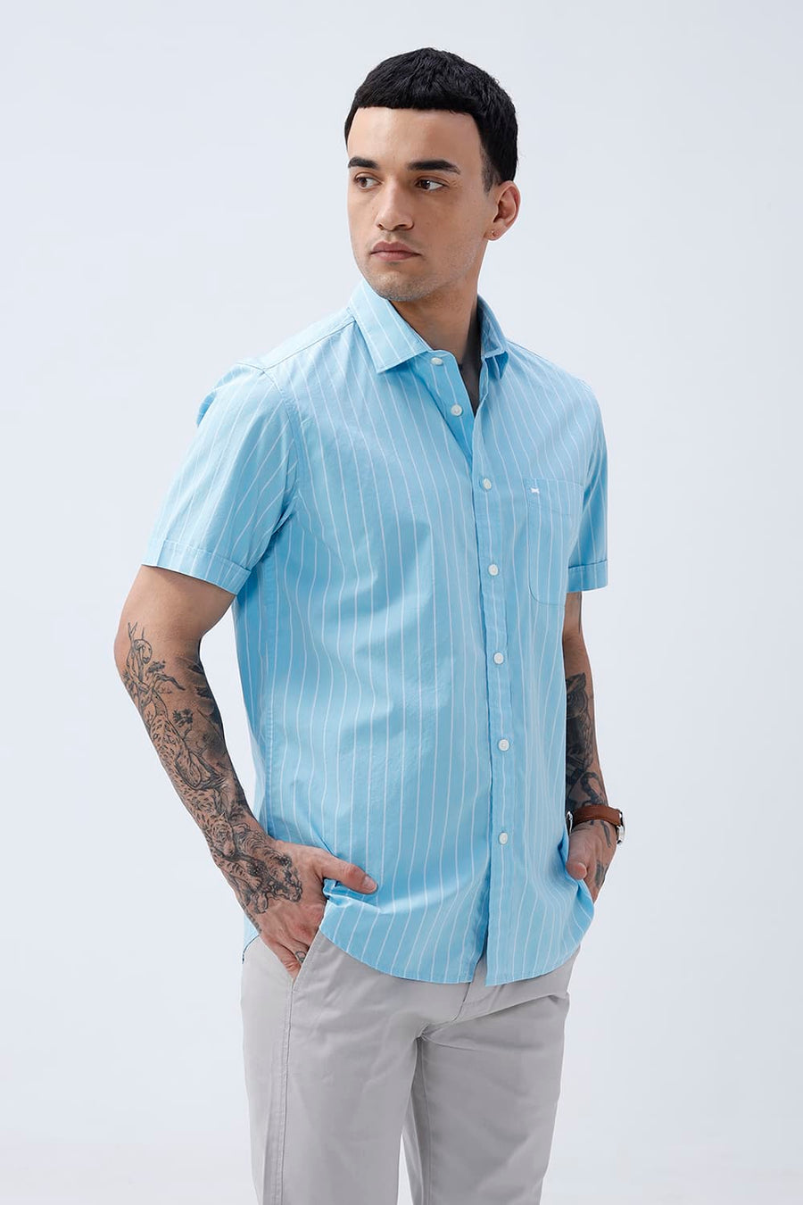 BASICS SLIM FIT CRYSTAL BLUE COTTON PLAIN STRIPES HALFSLEEVES SHIRT