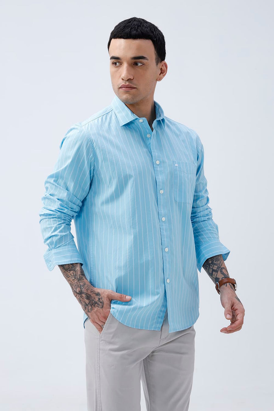 BASICS SLIM FIT CRYSTAL BLUE COTTON PLAIN STRIPES SHIRT