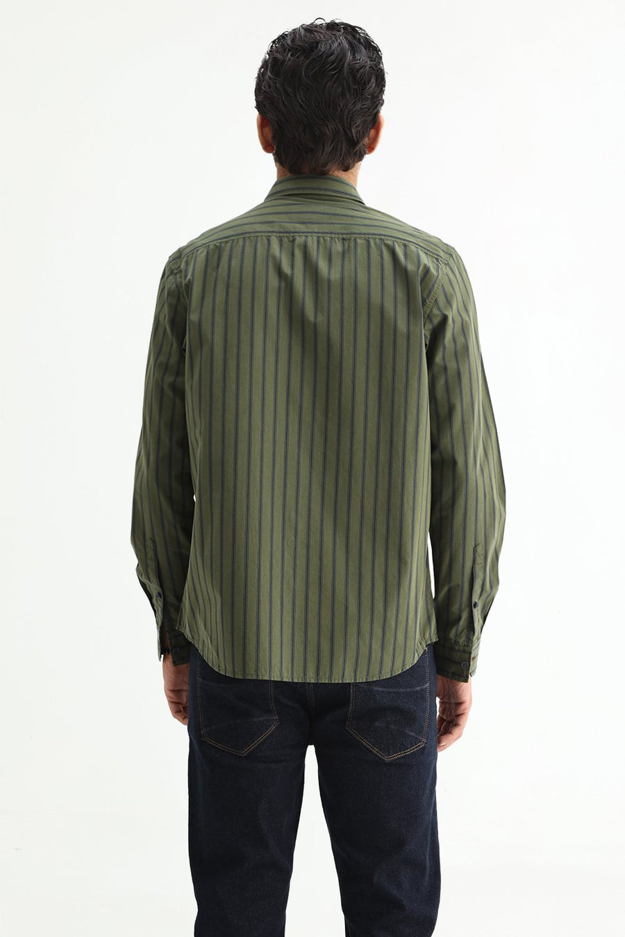 BASICS SLIM FIT GREEN CLOVER COTTON PLAIN STRIPES SHIRT
