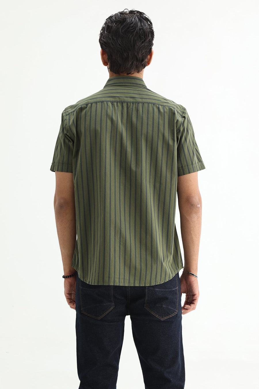 BASICS SLIM FIT GREEN CLOVER COTTON PLAIN STRIPES HALFSLEEVES SHIRT
