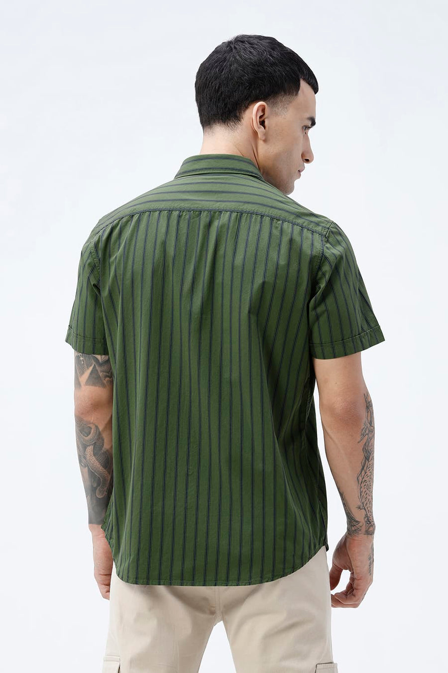 BASICS SLIM FIT GREEN CLOVER COTTON PLAIN STRIPES HALFSLEEVES SHIRT