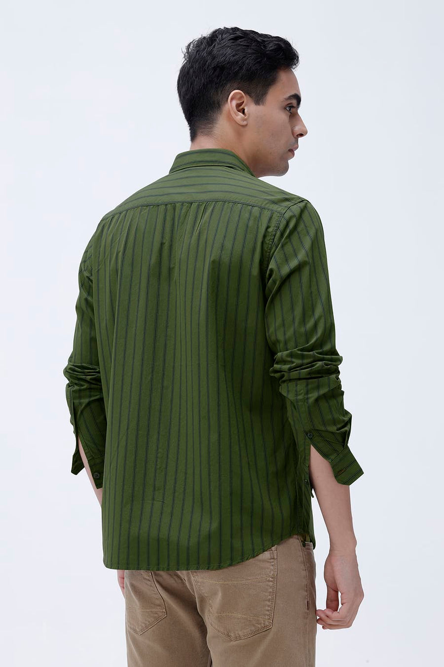 BASICS SLIM FIT GREEN CLOVER COTTON PLAIN STRIPES SHIRT