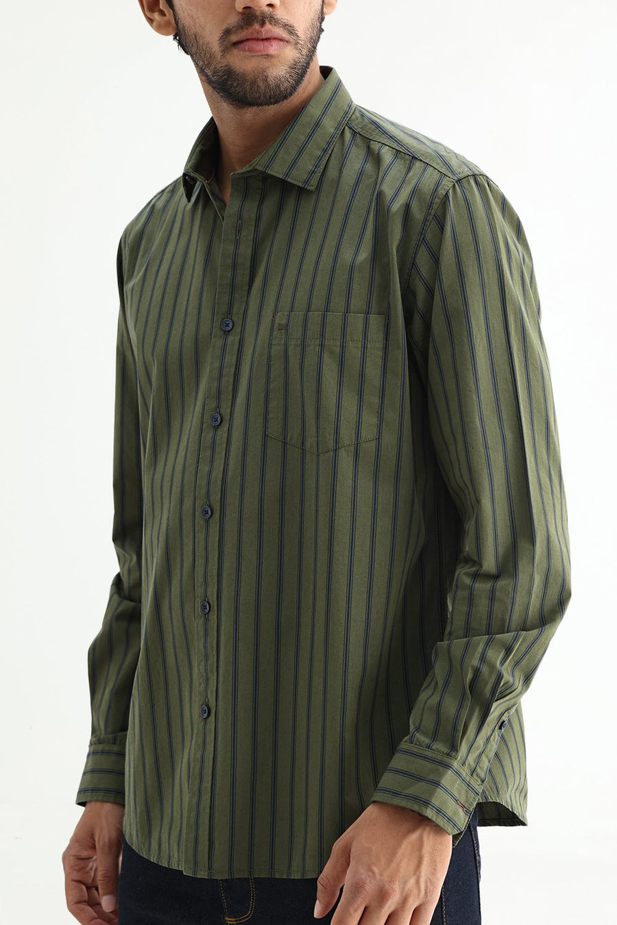 BASICS SLIM FIT GREEN CLOVER COTTON PLAIN STRIPES SHIRT