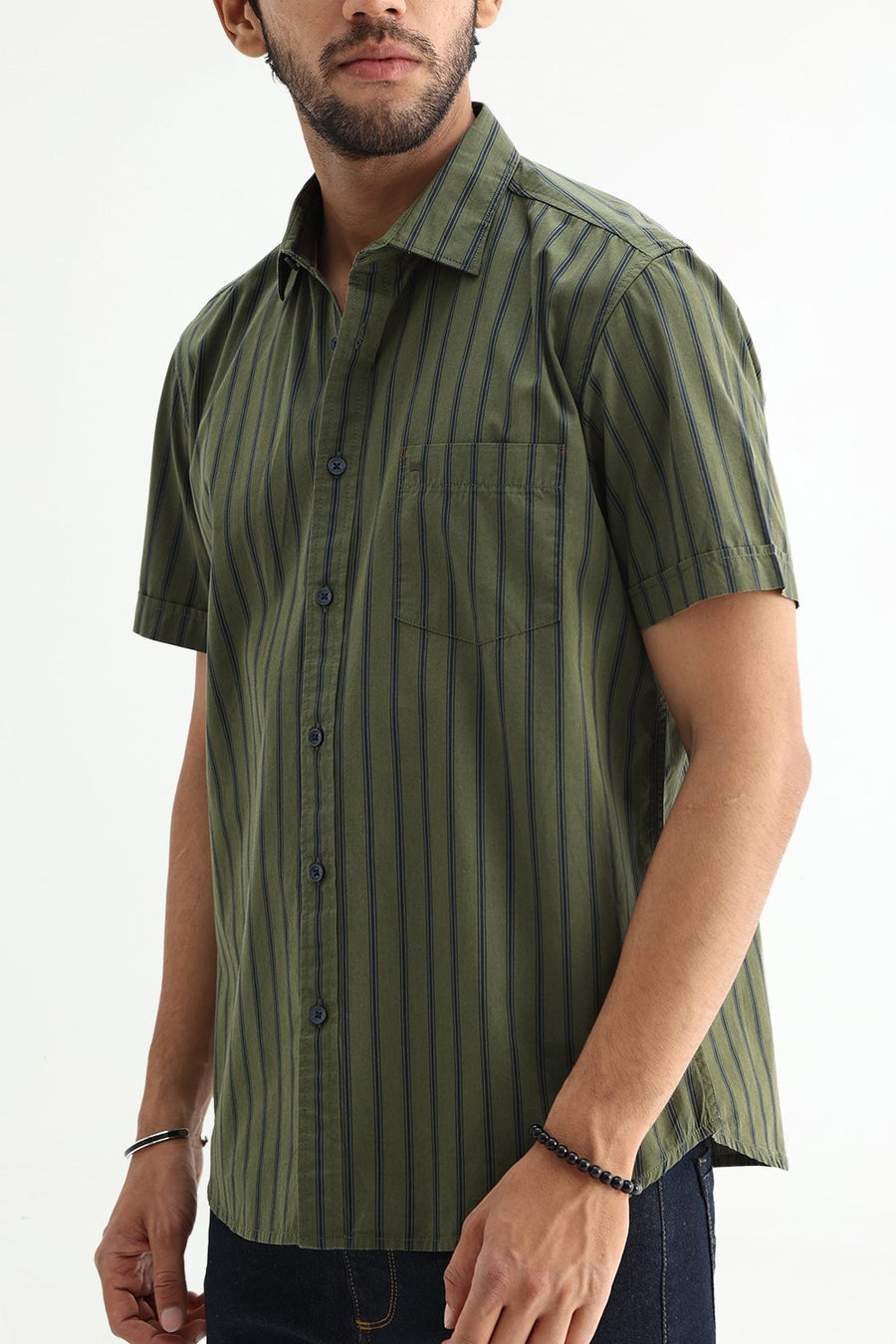 BASICS SLIM FIT GREEN CLOVER COTTON PLAIN STRIPES HALFSLEEVES SHIRT