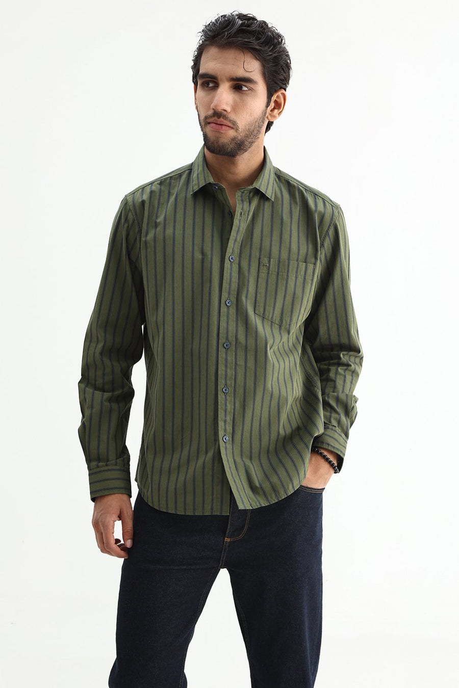 BASICS SLIM FIT GREEN CLOVER COTTON PLAIN STRIPES SHIRT