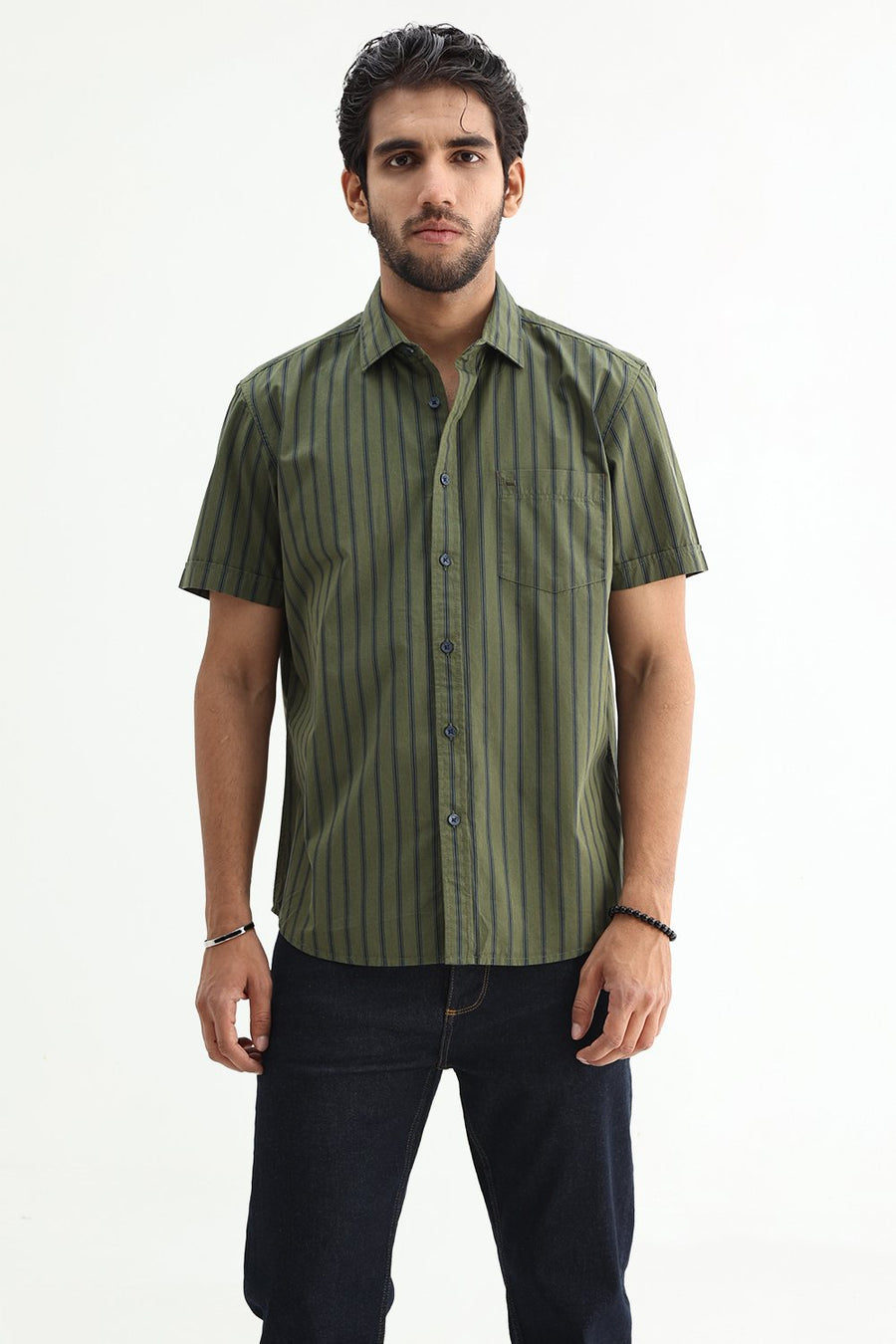 BASICS SLIM FIT GREEN CLOVER COTTON PLAIN STRIPES HALFSLEEVES SHIRT