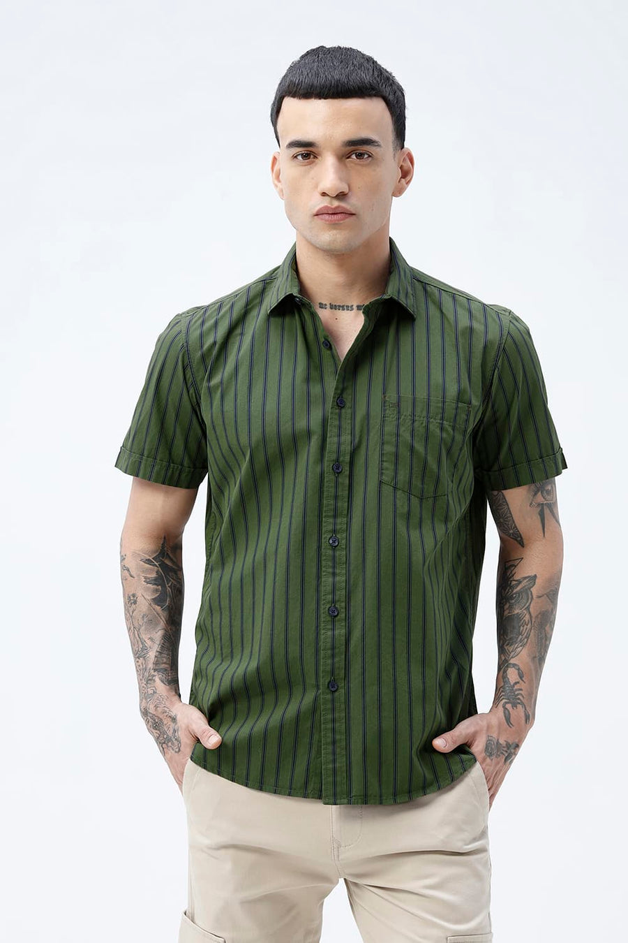 BASICS SLIM FIT GREEN CLOVER COTTON PLAIN STRIPES HALFSLEEVES SHIRT
