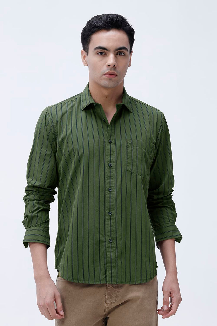 BASICS SLIM FIT GREEN CLOVER COTTON PLAIN STRIPES SHIRT