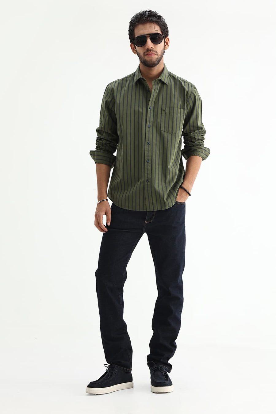 BASICS SLIM FIT GREEN CLOVER COTTON PLAIN STRIPES SHIRT