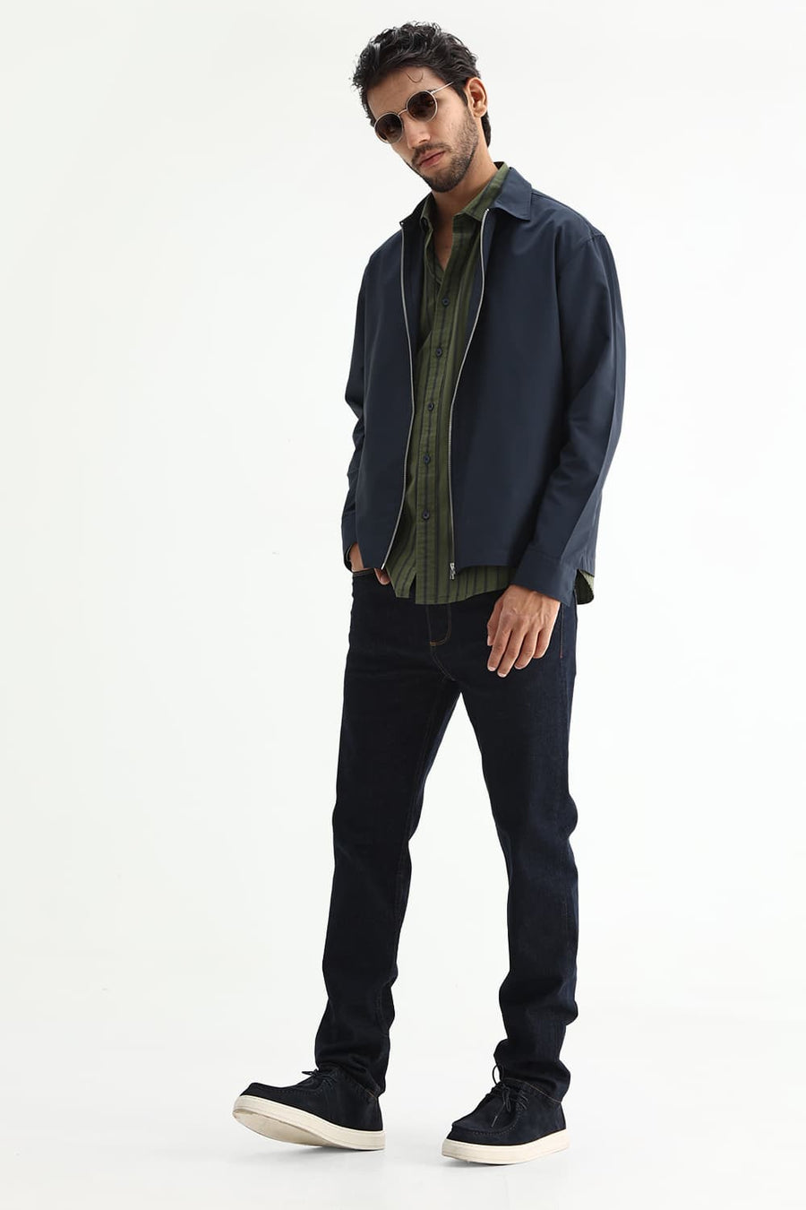BASICS SLIM FIT GREEN CLOVER COTTON PLAIN STRIPES HALFSLEEVES SHIRT