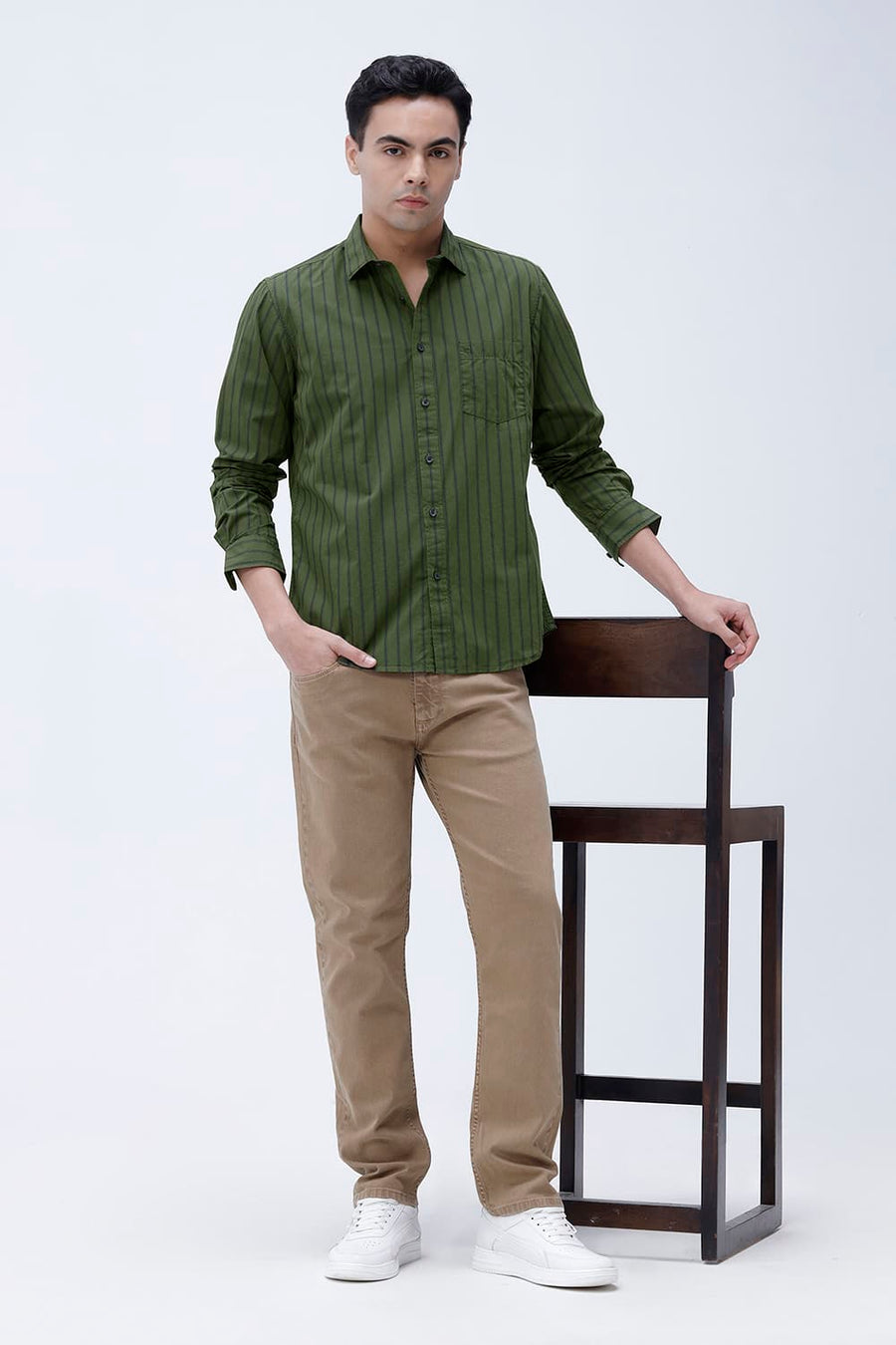 BASICS SLIM FIT GREEN CLOVER COTTON PLAIN STRIPES SHIRT