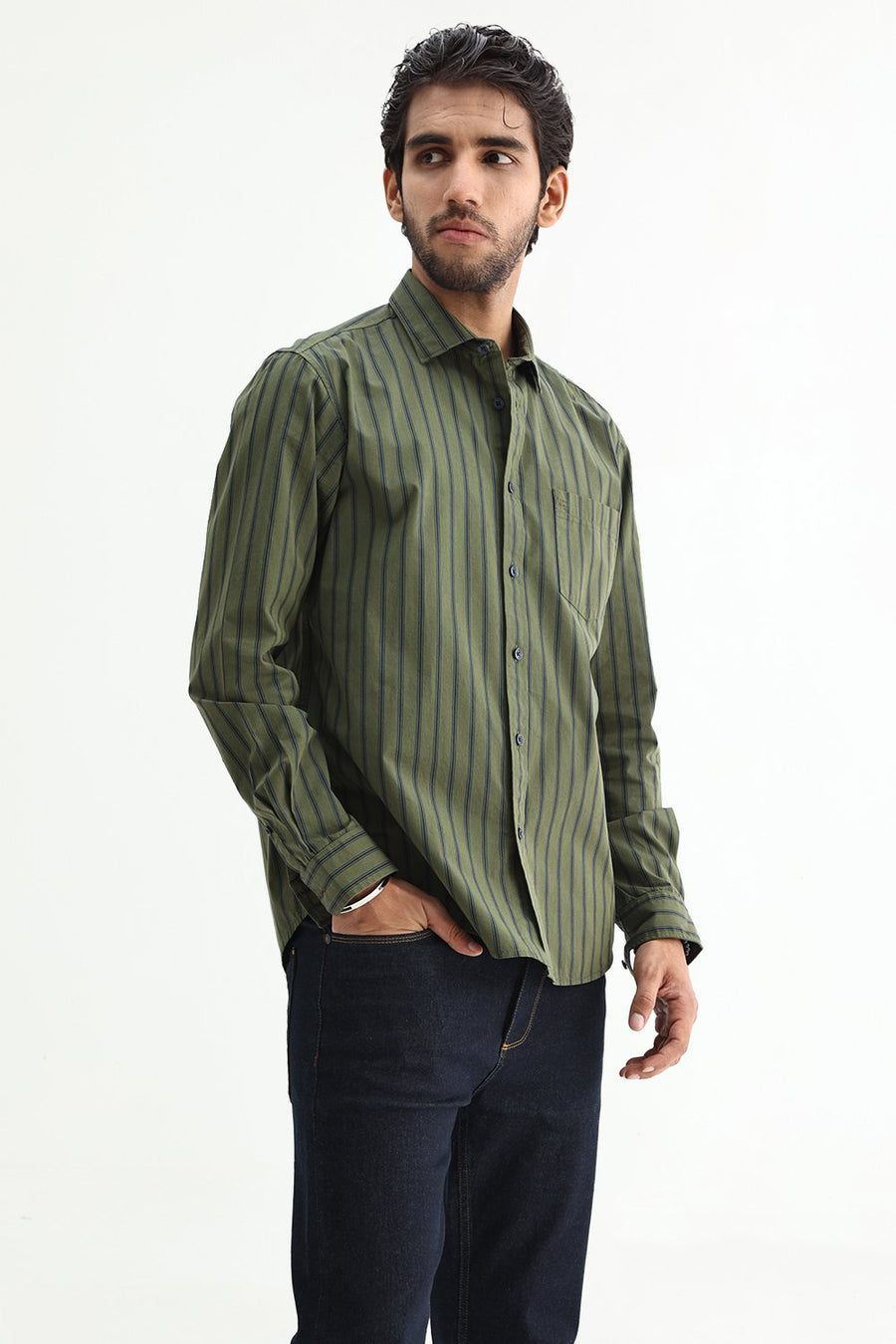 BASICS SLIM FIT GREEN CLOVER COTTON PLAIN STRIPES SHIRT