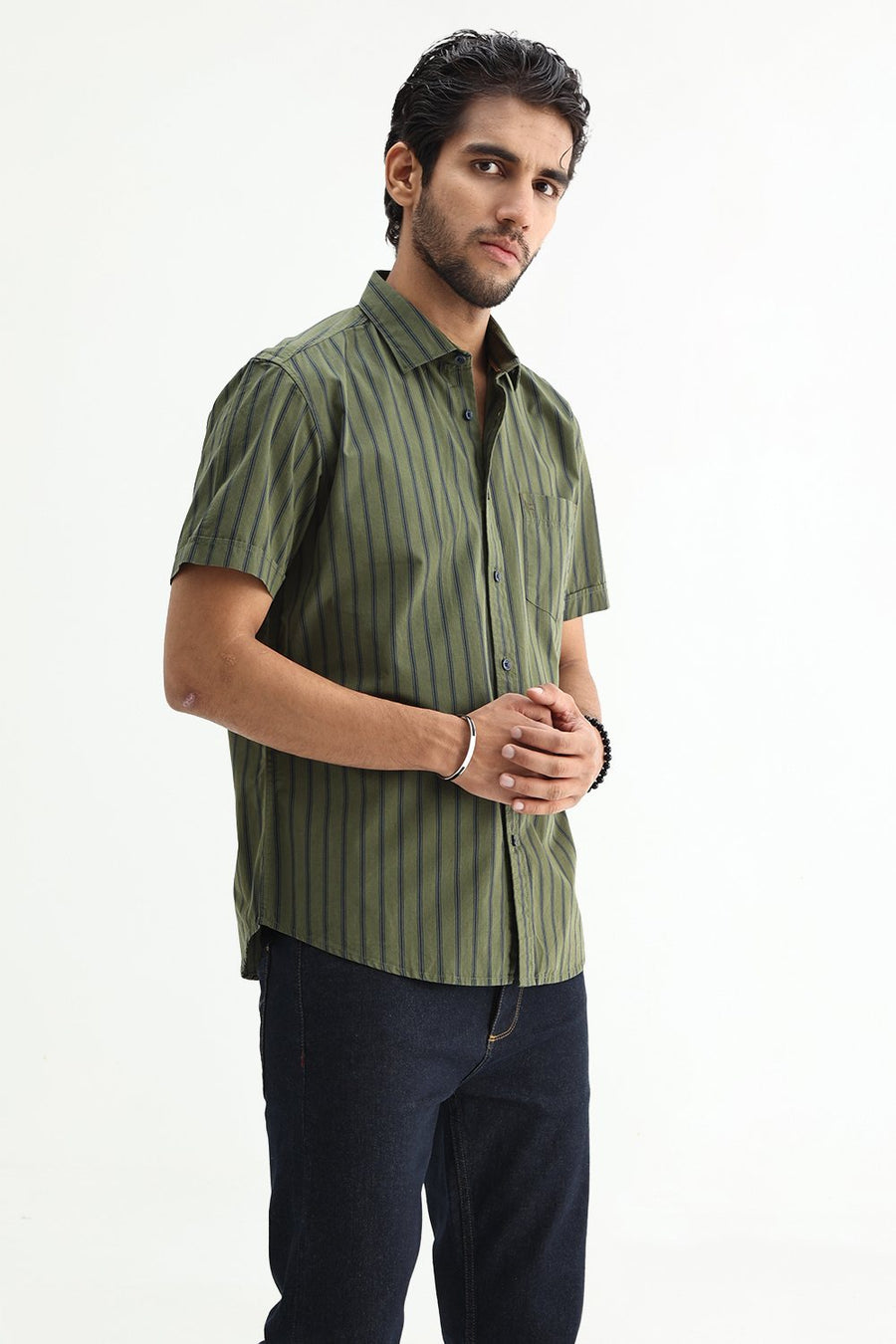 BASICS SLIM FIT GREEN CLOVER COTTON PLAIN STRIPES HALFSLEEVES SHIRT