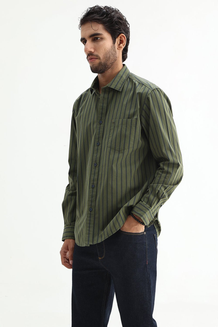 BASICS SLIM FIT GREEN CLOVER COTTON PLAIN STRIPES SHIRT