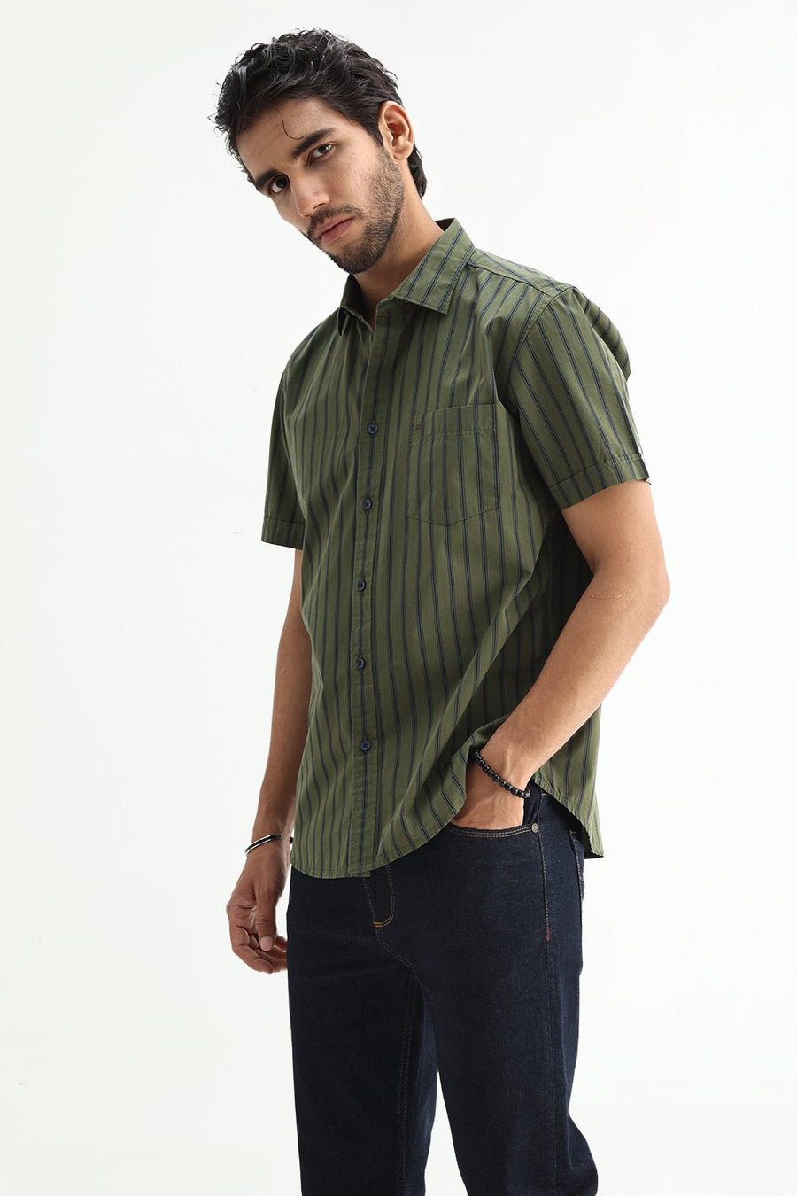 BASICS SLIM FIT GREEN CLOVER COTTON PLAIN STRIPES HALFSLEEVES SHIRT