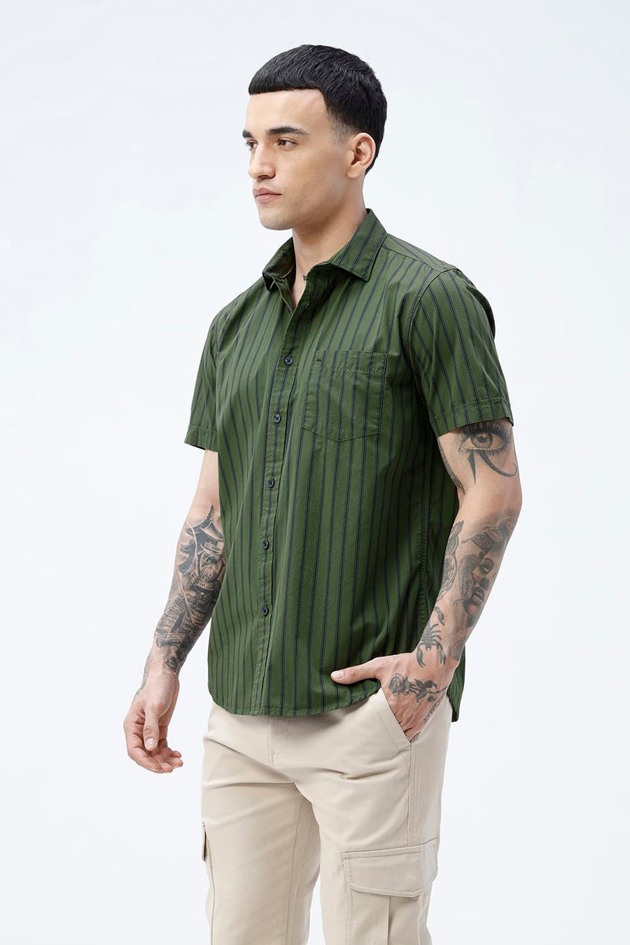 BASICS SLIM FIT GREEN CLOVER COTTON PLAIN STRIPES HALFSLEEVES SHIRT