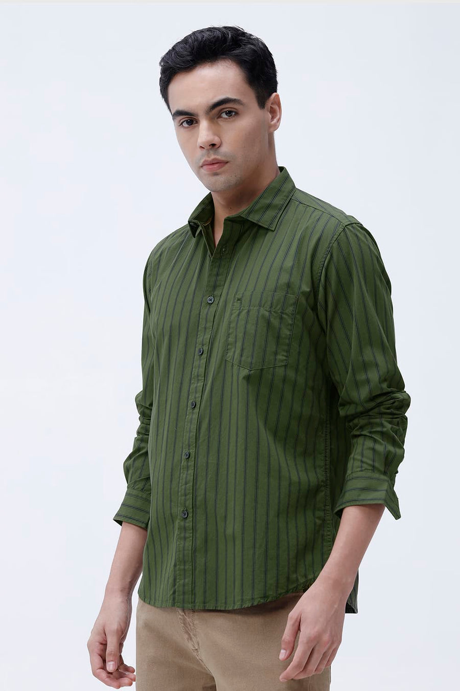 BASICS SLIM FIT GREEN CLOVER COTTON PLAIN STRIPES SHIRT