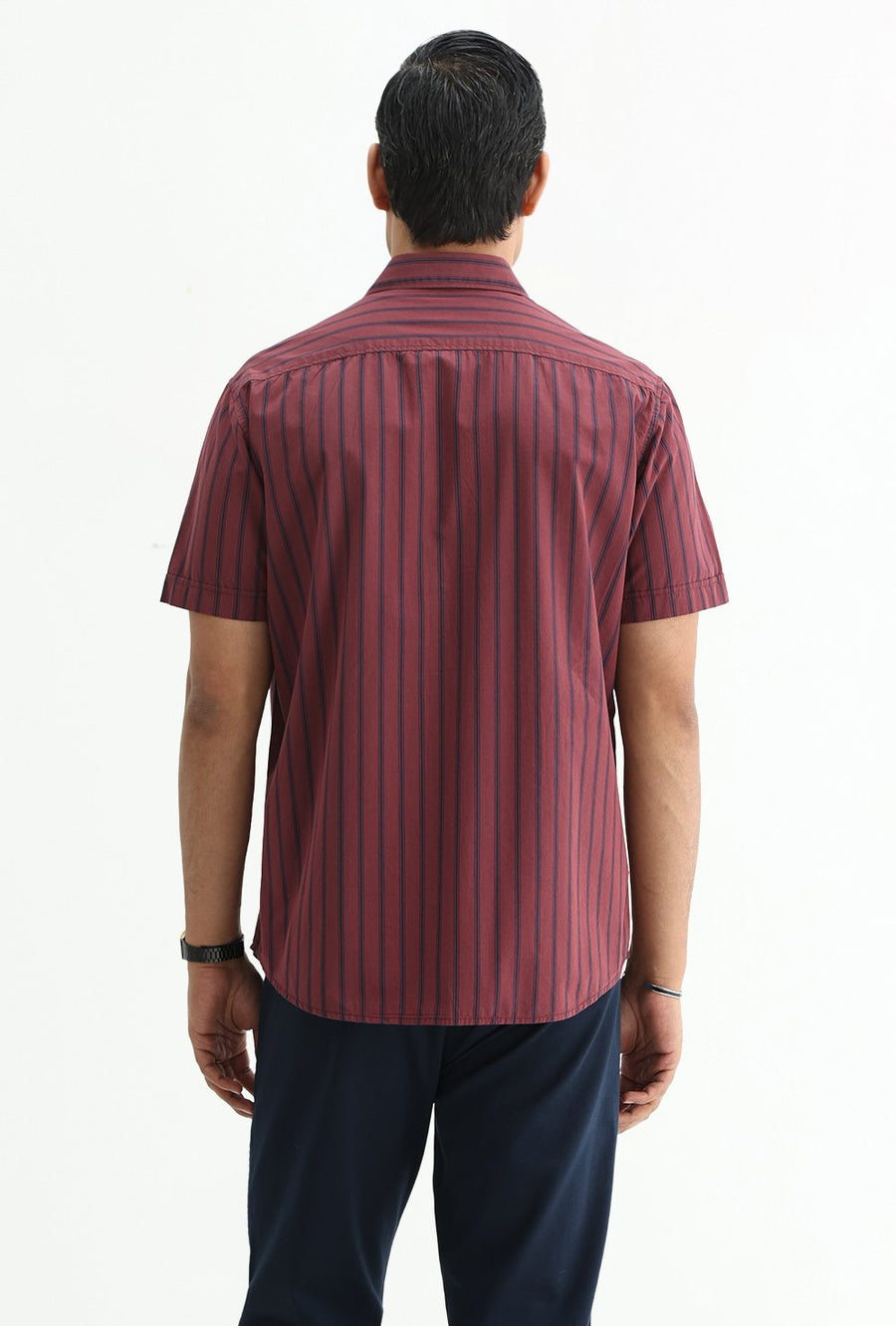 BASICS SLIM FIT RUBY MAROON COTTON PLAIN STRIPES HALFSLEEVES SHIRT