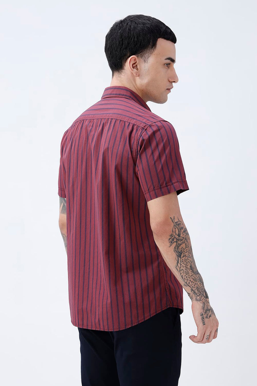 BASICS SLIM FIT RUBY MAROON COTTON PLAIN STRIPES HALFSLEEVES SHIRT