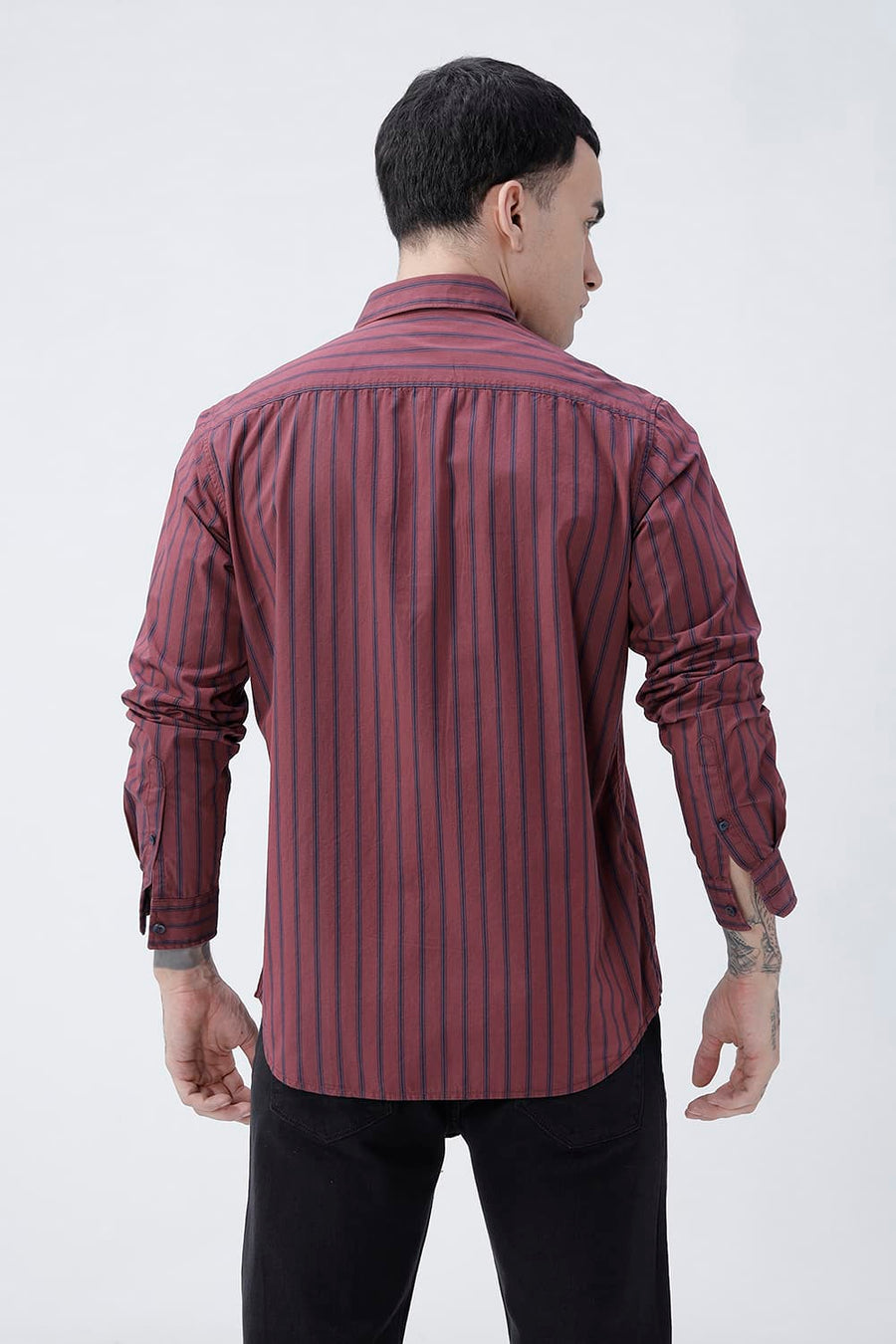BASICS SLIM FIT RUBY MAROON COTTON PLAIN STRIPES SHIRT