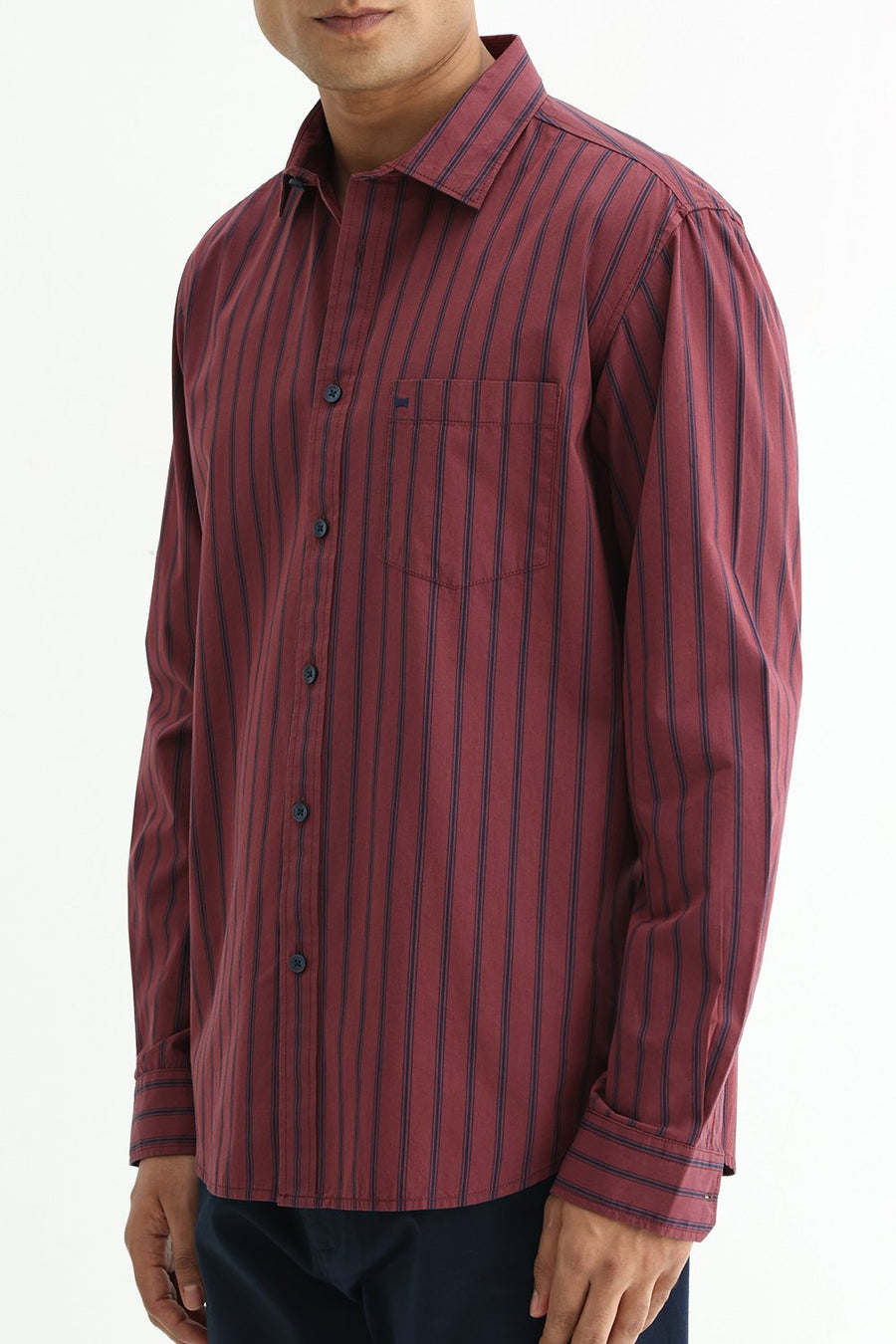 BASICS SLIM FIT RUBY MAROON COTTON PLAIN STRIPES SHIRT