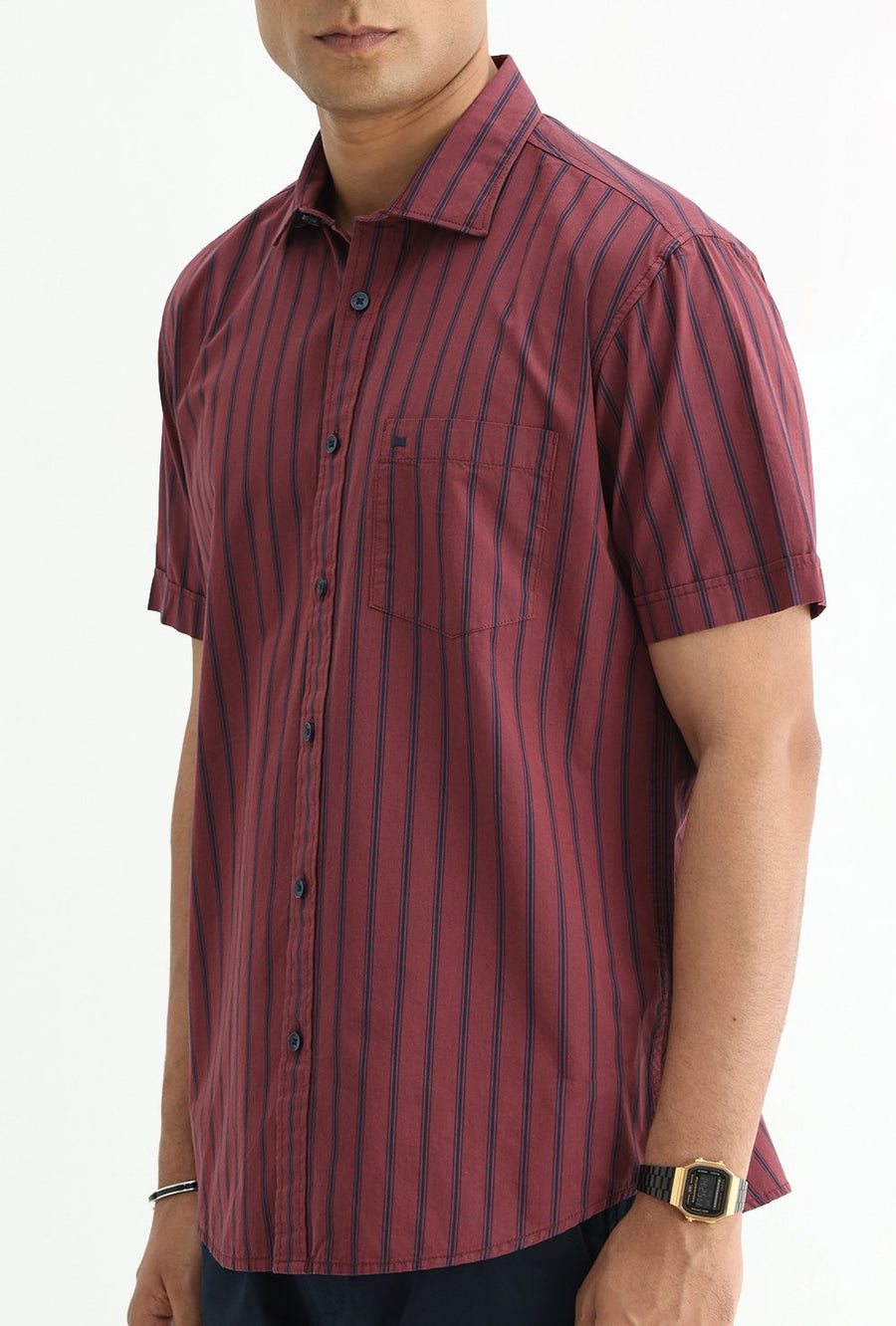 BASICS SLIM FIT RUBY MAROON COTTON PLAIN STRIPES HALFSLEEVES SHIRT