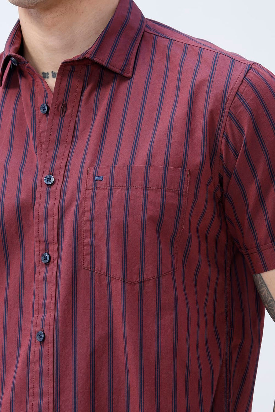 BASICS SLIM FIT RUBY MAROON COTTON PLAIN STRIPES HALFSLEEVES SHIRT