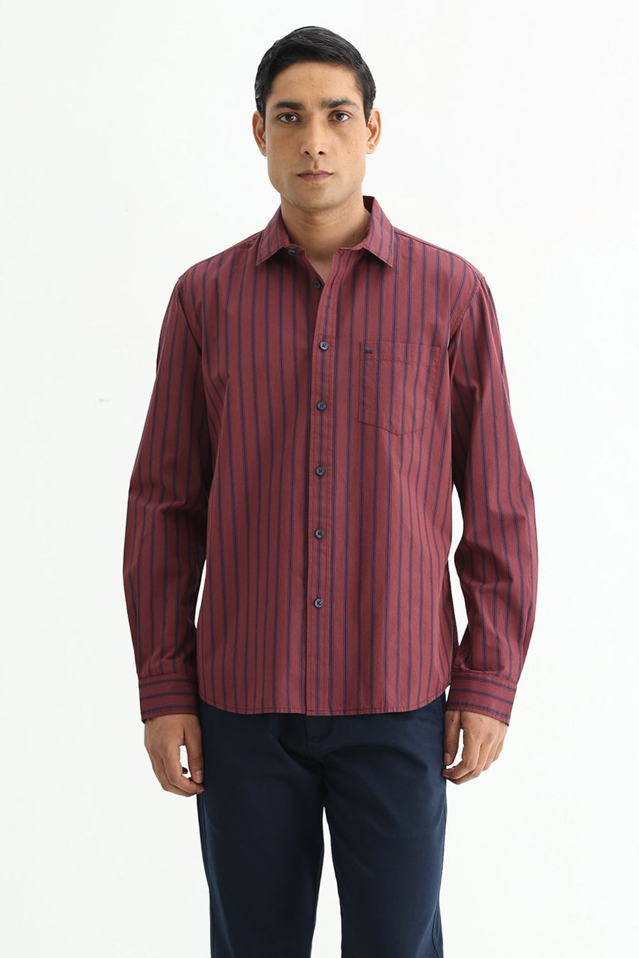 BASICS SLIM FIT RUBY MAROON COTTON PLAIN STRIPES SHIRT
